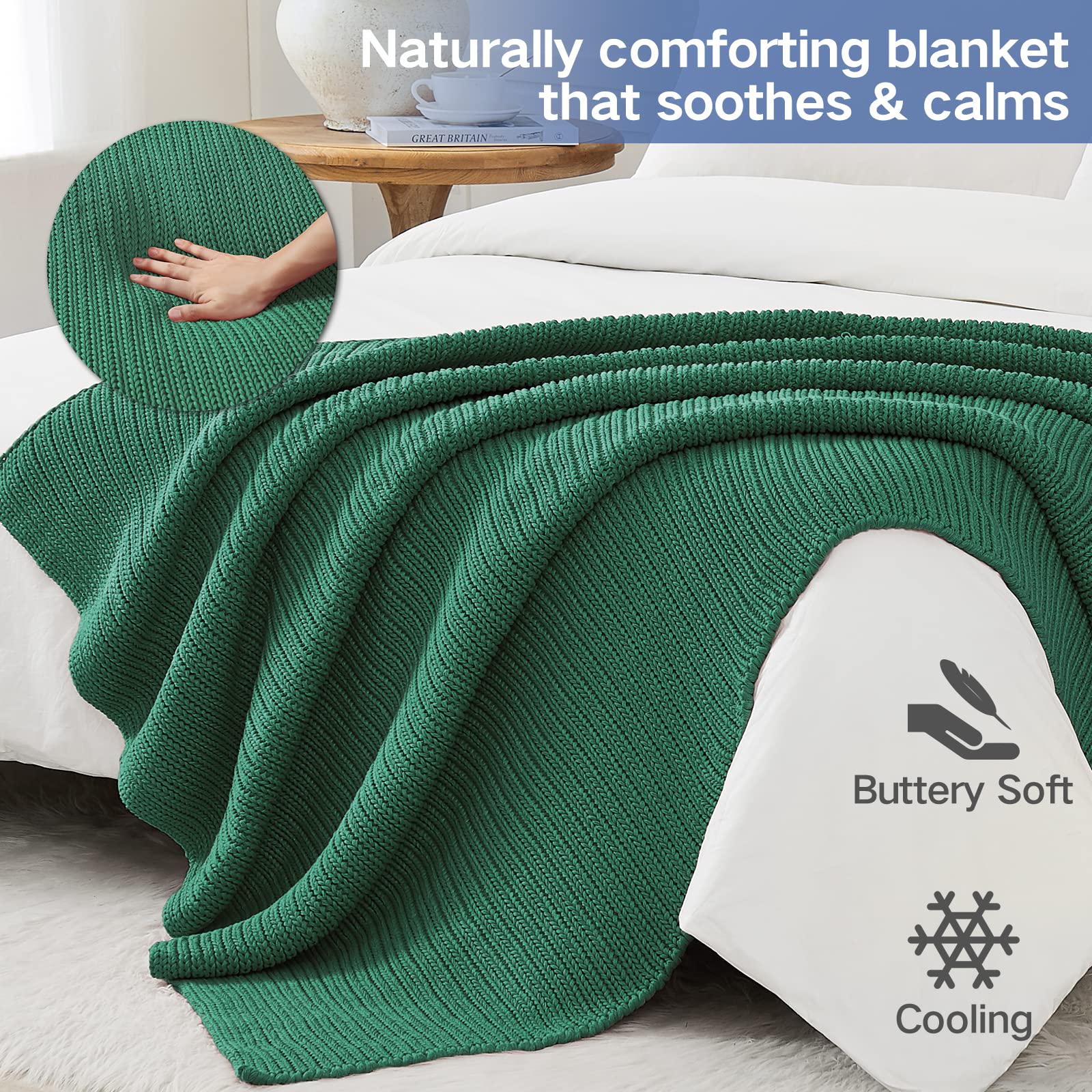 Guohaoi Green Knitted Weighted Blanket 50x60 7lbs - Cooling Throw for Hot Sleepers, Hand Made Chunky Knit for Twin Size Bed