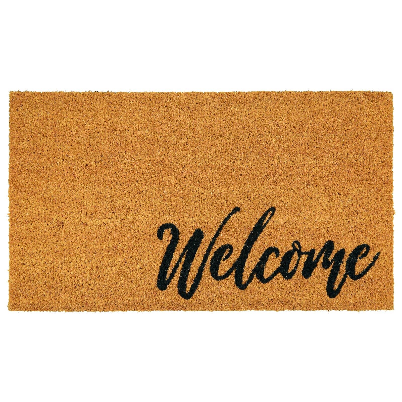 Mdesign Non-Slip Rectangular Coir And Rubber Entryway Welcome Doormat With Natural Fibers For Indoor Or Outdoor Use - Decorative Script Design - Natural/Black Letters