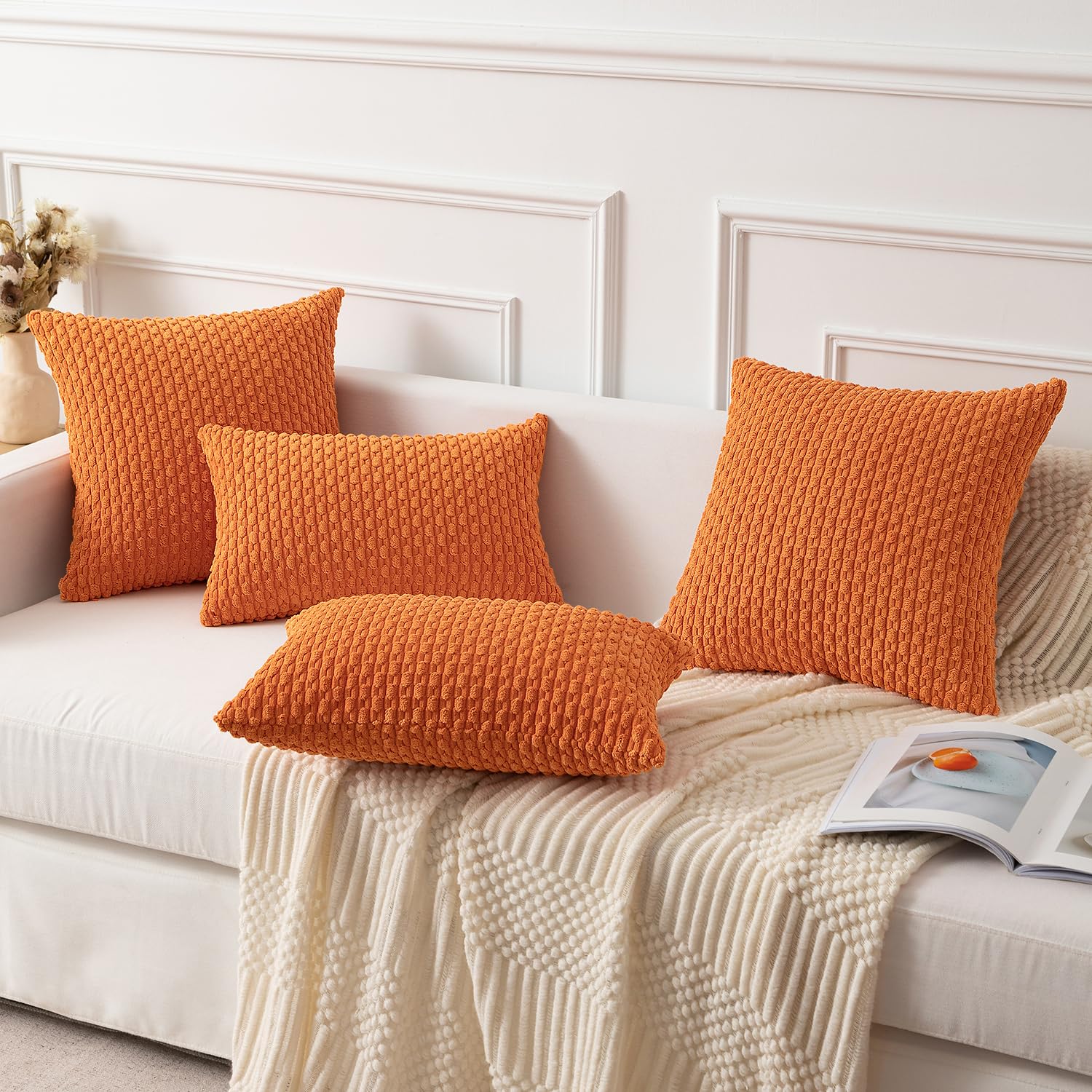 Kevin Textile Pack Of 2 Corduroy Decorative Throw Pillow Covers 18X18 Inch Soft Boho Striped Pillow Covers Modern Farmhouse Home Decor For Spring Sofa Living Room Couch Bed Orange