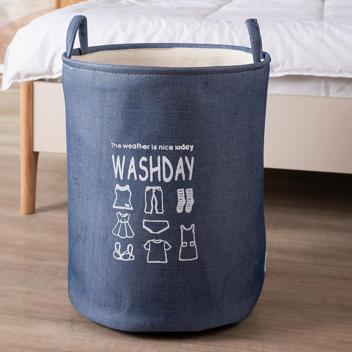 HOKIPO  Cotton, Linen Folding Laundry Basket for Clothes, Round Collapsible Storage Basket  43 Ltr, Blue (AR2650), 35cm, 35cm