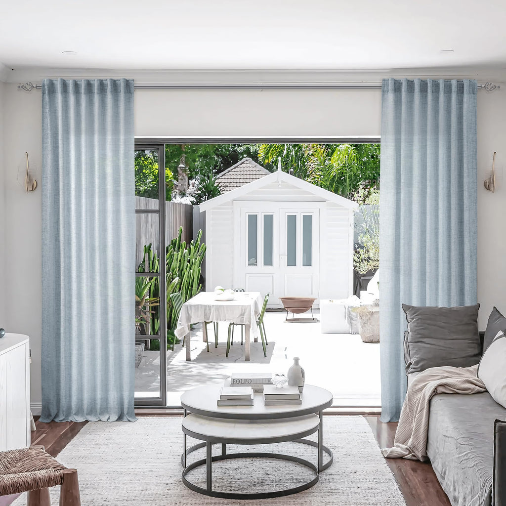 Blue Linen Curtains 108 Inches Long For Living Room 2 Panels Set Back Tab Pocket Farmhouse Boho Light Filtering Semi Sheer Dusty