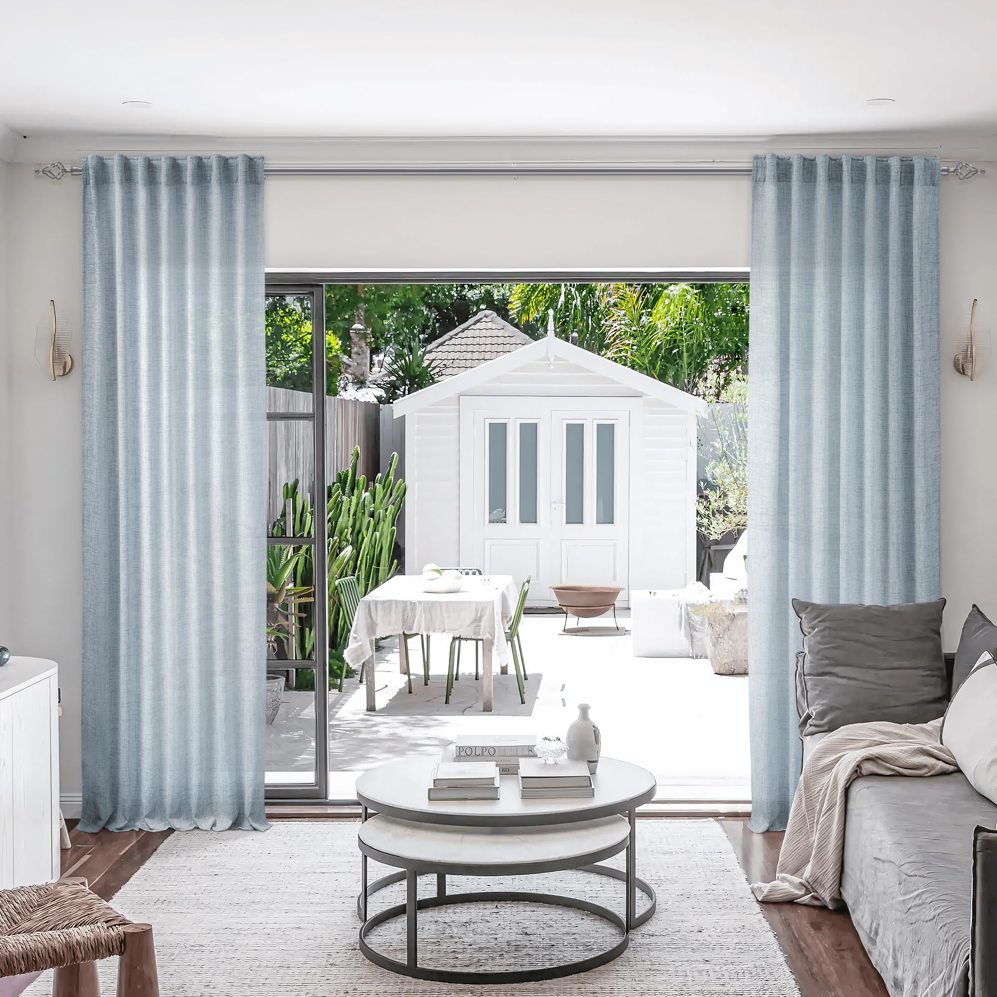 Blue Linen Curtains 108 Inches Long For Living Room 2 Panels Set Back Tab Pocket Farmhouse Boho Light Filtering Semi Sheer Dusty