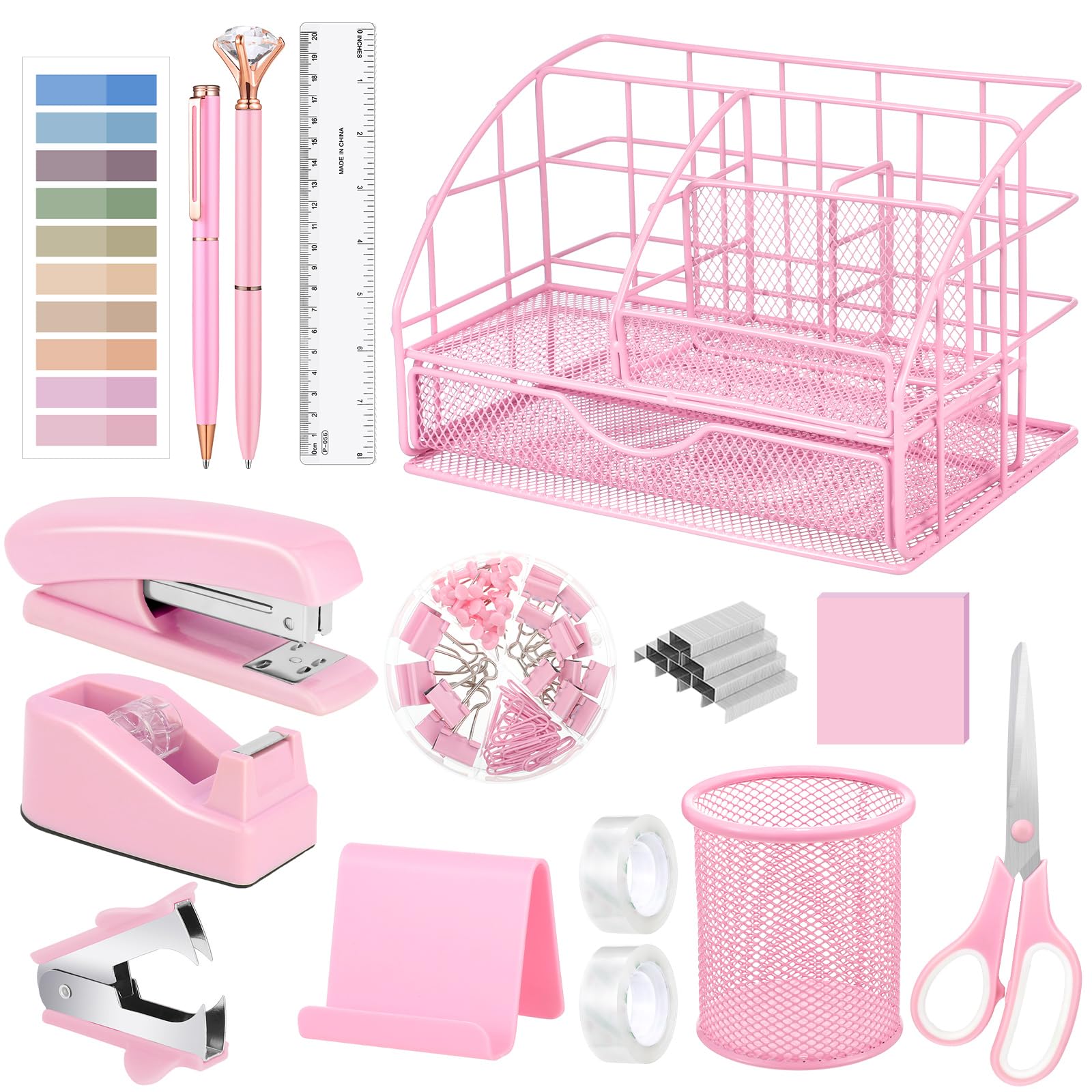 16 Pcs Pink Desk Organizers And Accessories, Pink Office Supplies For Desk Women With Stapler And Tape Dispenser Pen Holder Stap
