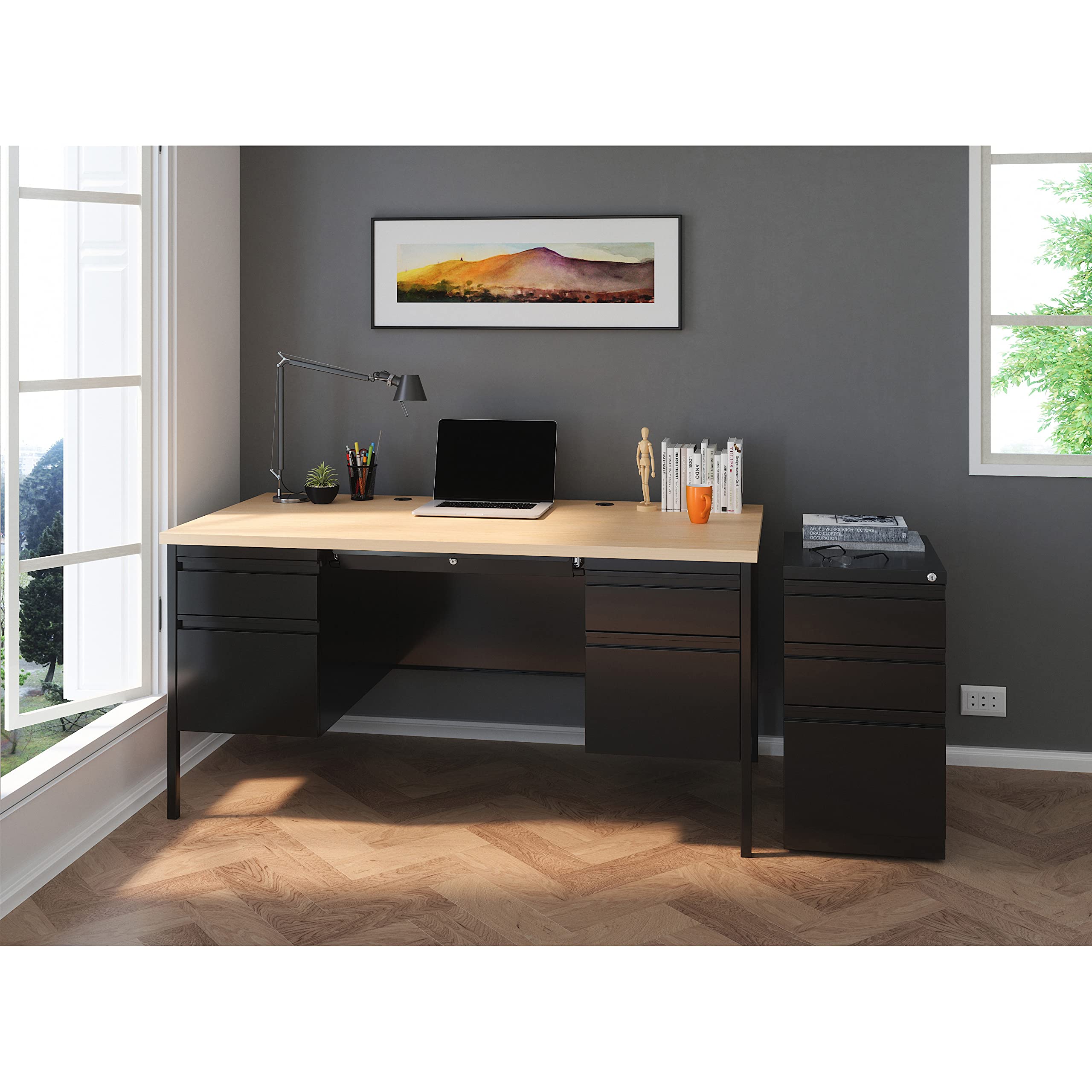Lorell Fortress Maple Top Double-Pedestal Desk - 60" x 29.5" x 30"