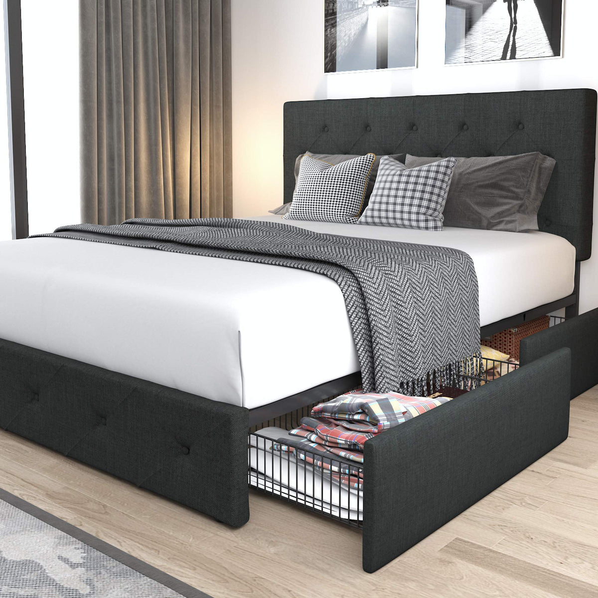 Allewie Upholstered Queen Size Platform Bed Frame With 4 Storage Drawers And Headboard, Diamond Stitched Button Tufted, Mattress Foundation With Wooden Slats Support, No Box Spring Needed, Dark Grey