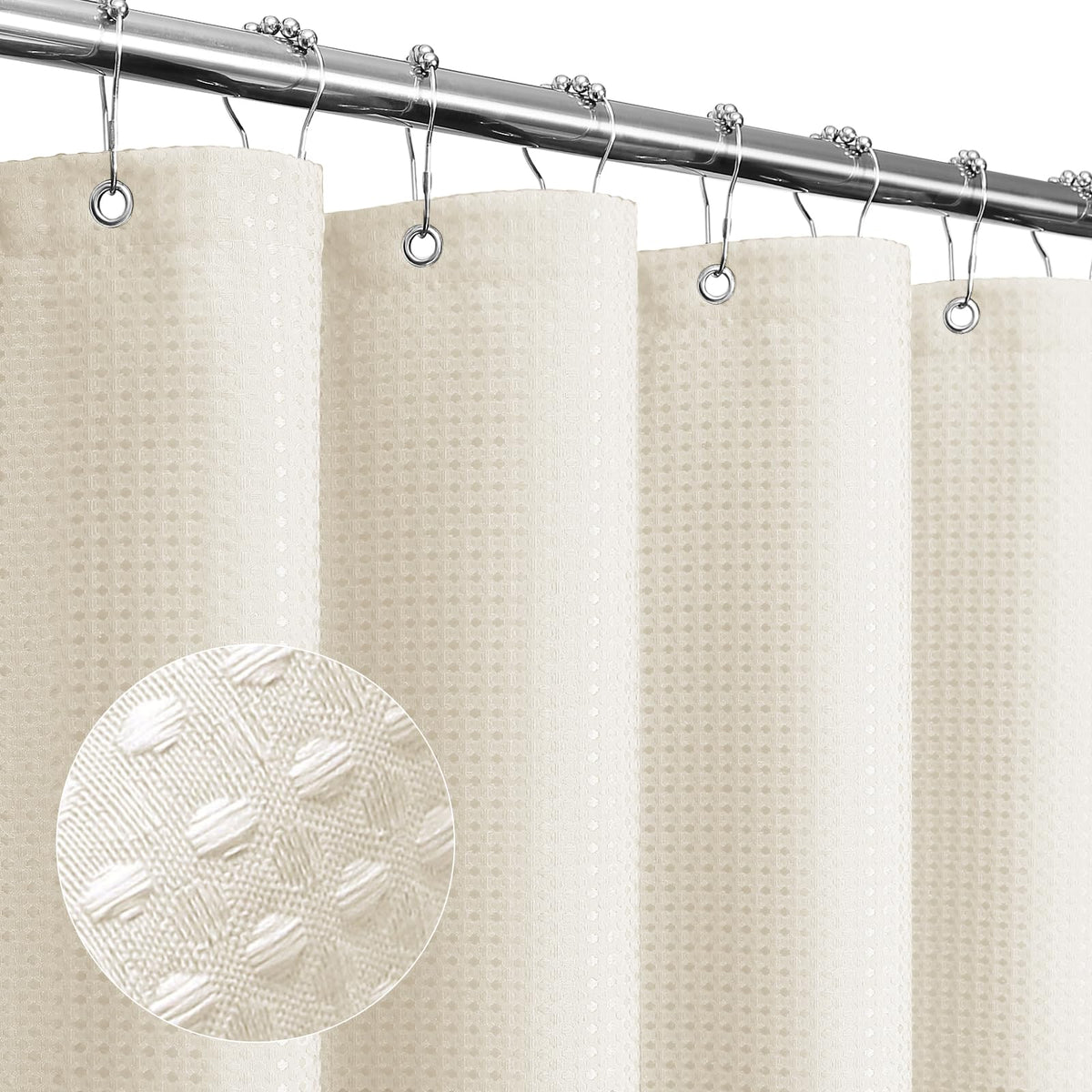 Gibelle Ivory Shower Curtain, Waffle Weave Textured Fabric Shower Curtain For Bathroom - Soft Cloth & Hotel Spa Luxury, Water Re