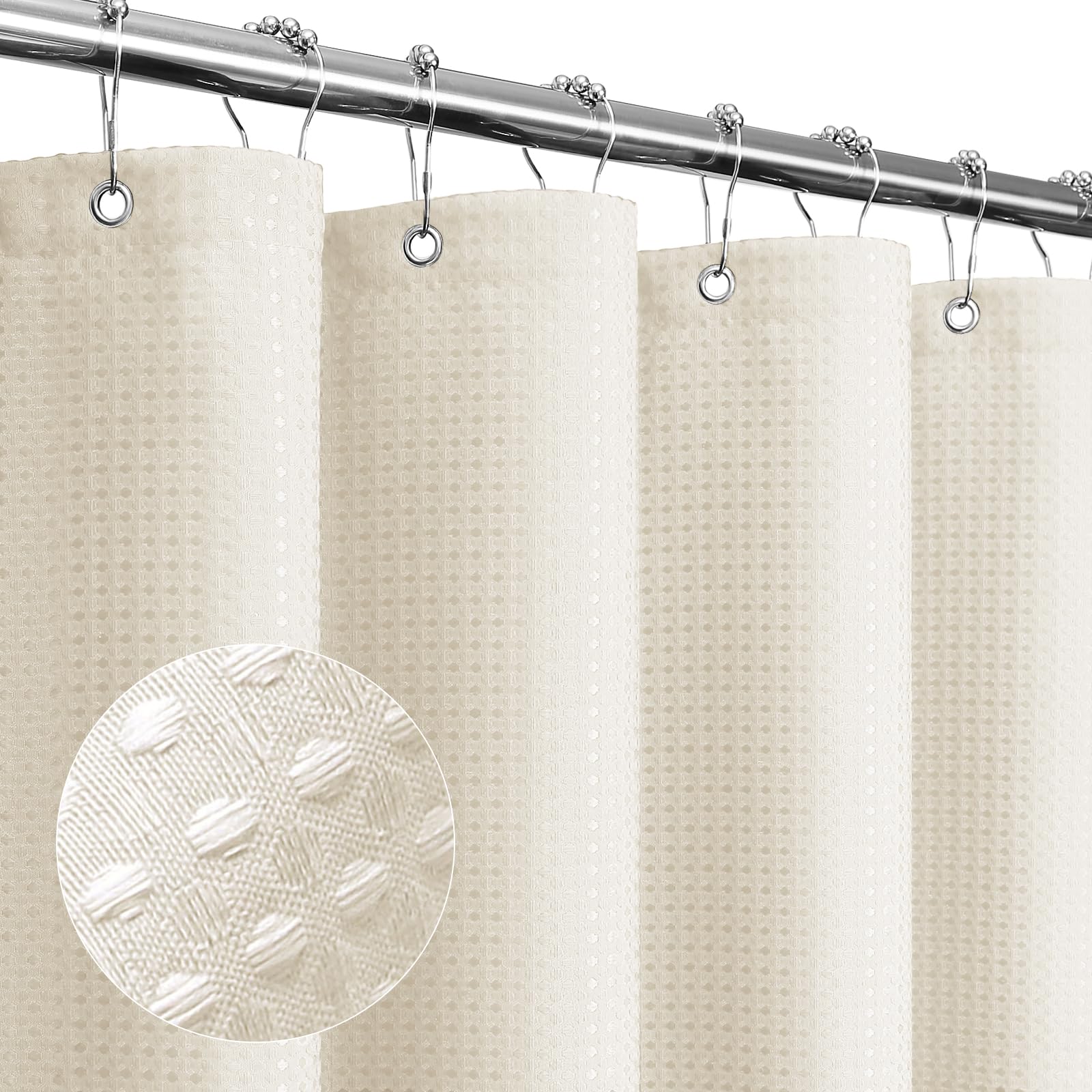 Gibelle Ivory Shower Curtain, Waffle Weave Textured Fabric Shower Curtain For Bathroom - Soft Cloth & Hotel Spa Luxury, Water Re