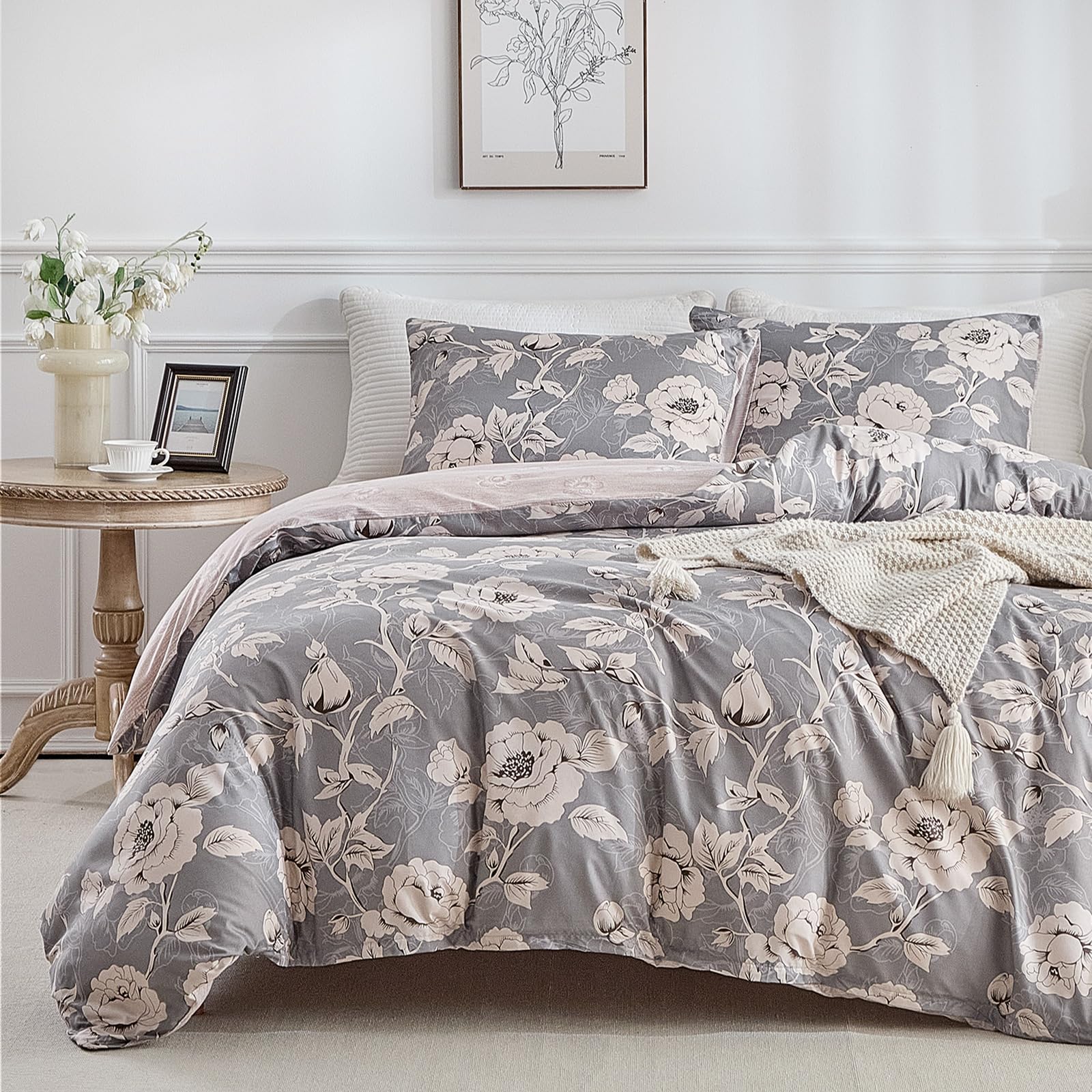 Lekesky Queen Duvet Cover, Reversible Vintage Floral Dusty Rose Duvet Cover Set Queen Size 3Pc, Soft 100% Washed Microfiber Brea