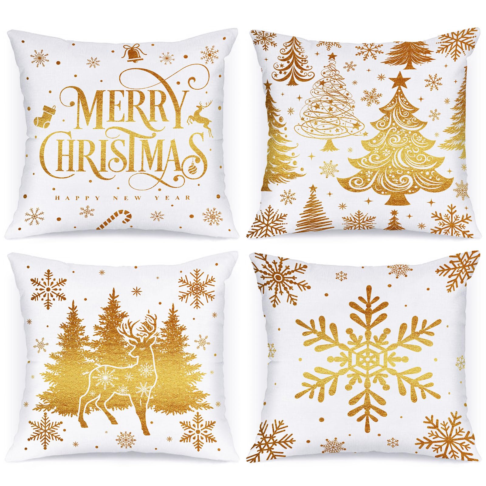 Lanpn 18X18 Gold Christmas Pillow Covers Set Of 4, Christmas Decorations Pillowcase, Winter Decorative Pillow Case, Merry Christ