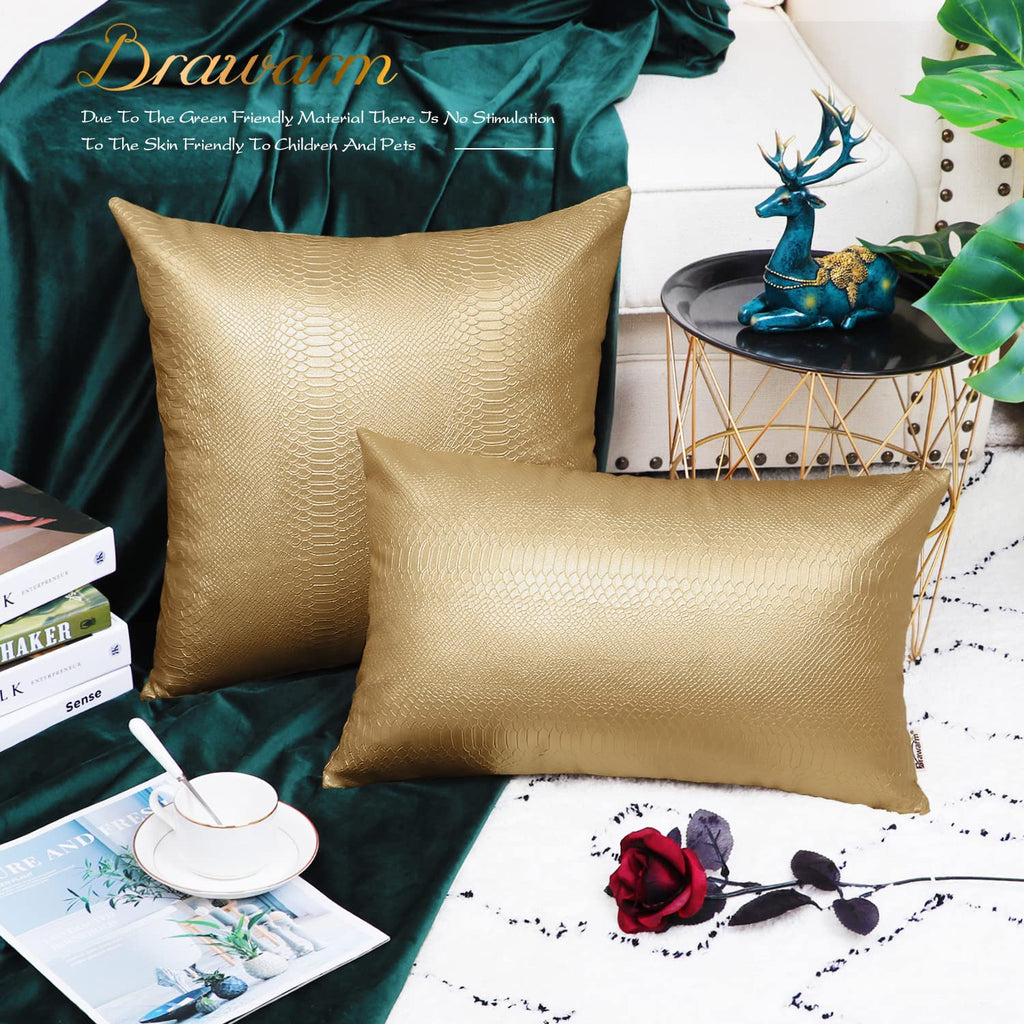 Brawarm Gold Leather Throw Pillows 16 X 16 Inches, Snake Leather Pillow Covers Pack Of 2, Faux Leather Decorative Pillow Covers