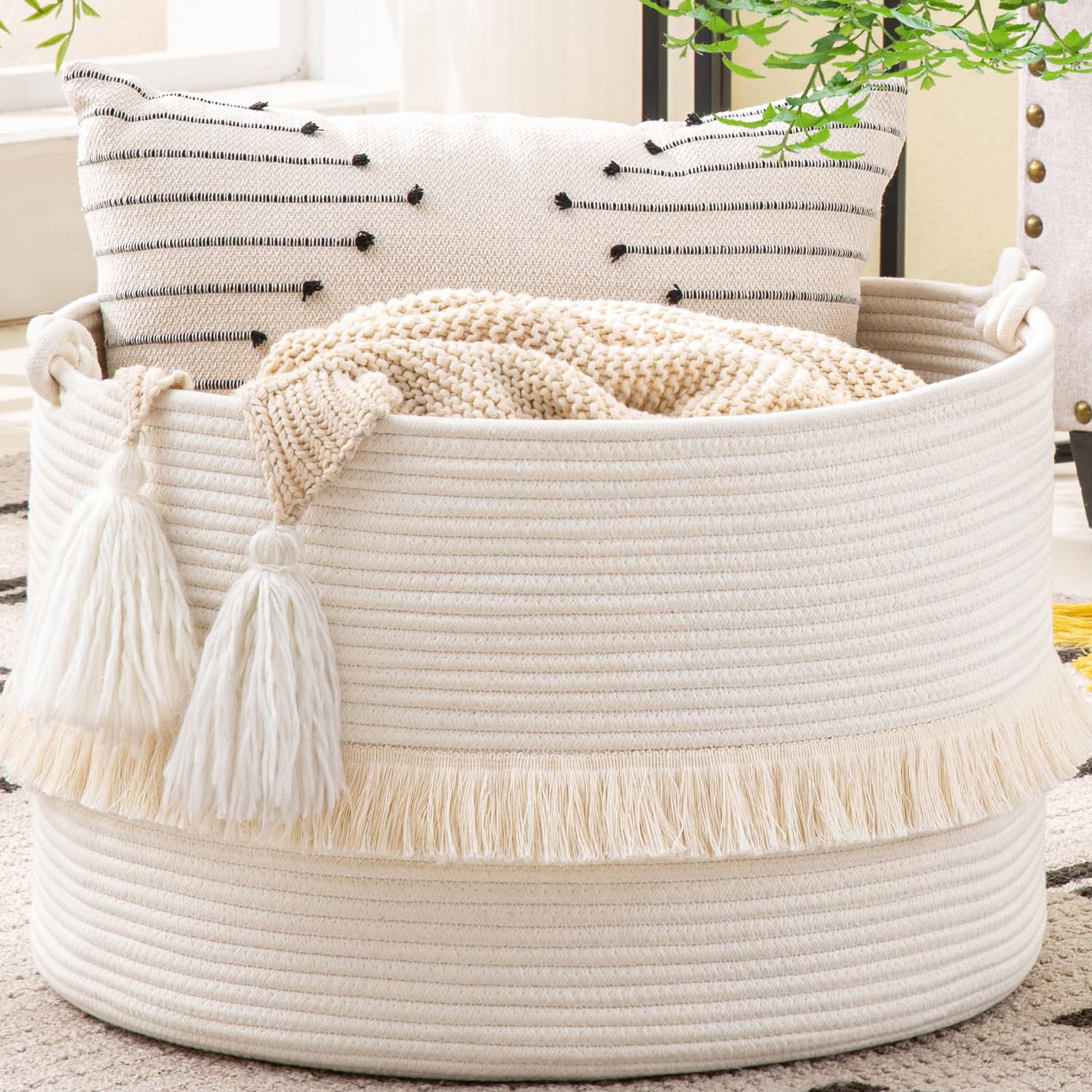 KAKAMAY Large Blanket Basket (20x13),Woven Baskets for storage Baby Laundry Hamper, Cotton Rope Blanket Basket for Living Room, 