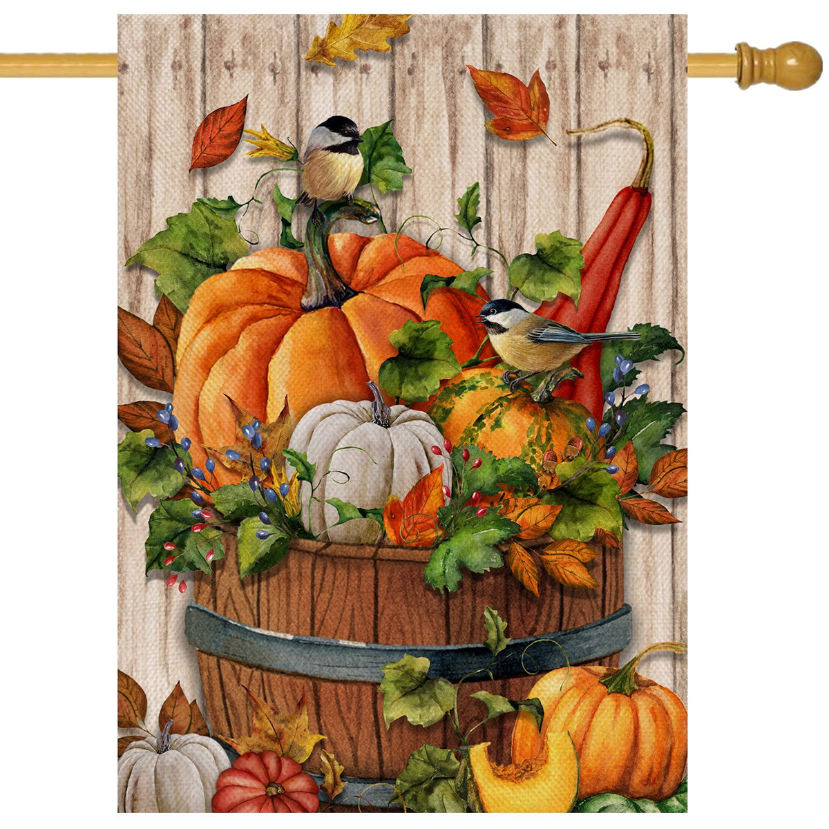 Covido Home Decorative Pumpkin Gourd Chickadee Large House Flag, Fall Garden Yard Outdoor Welcome Decor Maple Leaves Bird, Autum