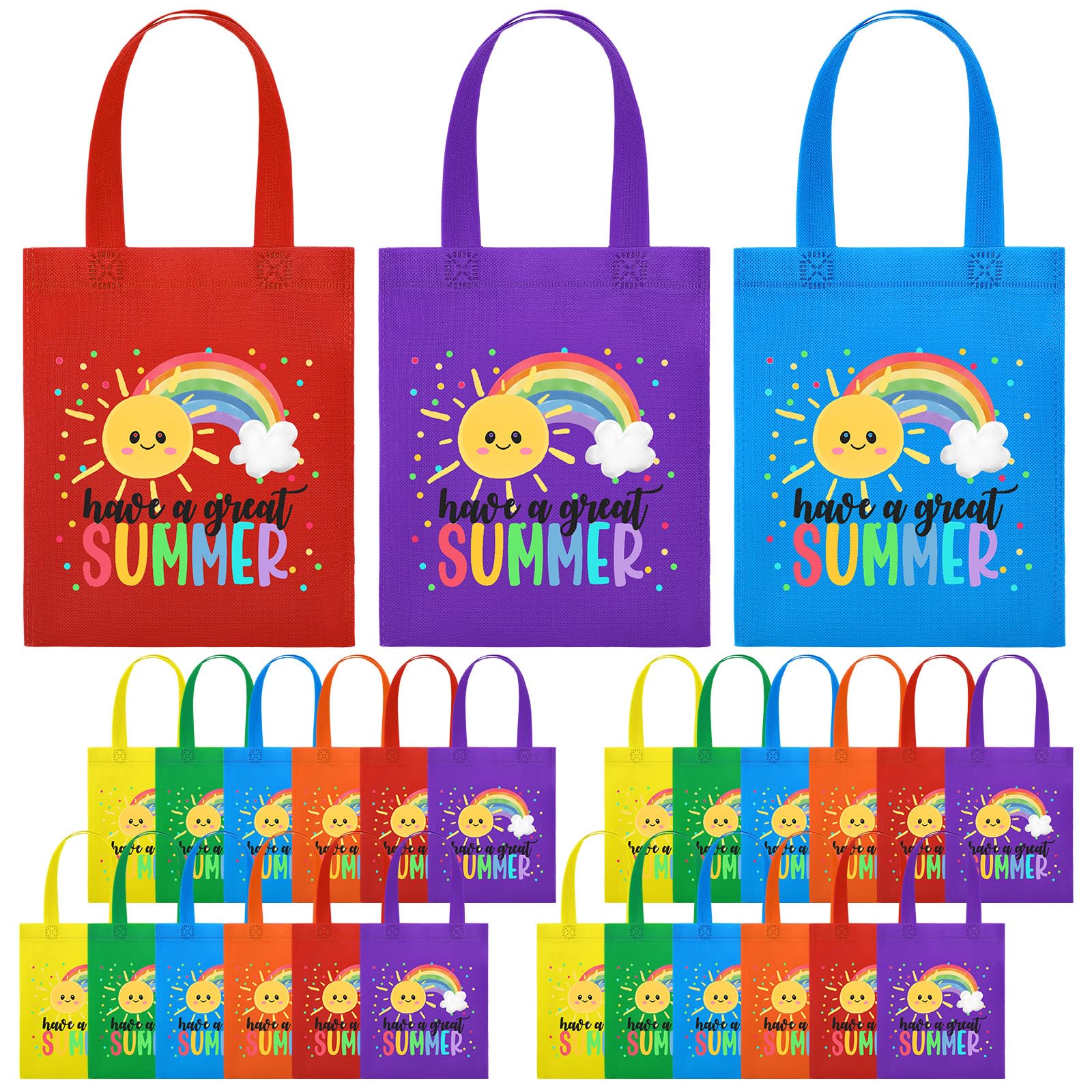 Dansydaisy 24 Pcs End of the Year Gift Bags for Students Bulk Rainbow Non Woven Tote Bags Party Favor Bag with Handles for Sunda
