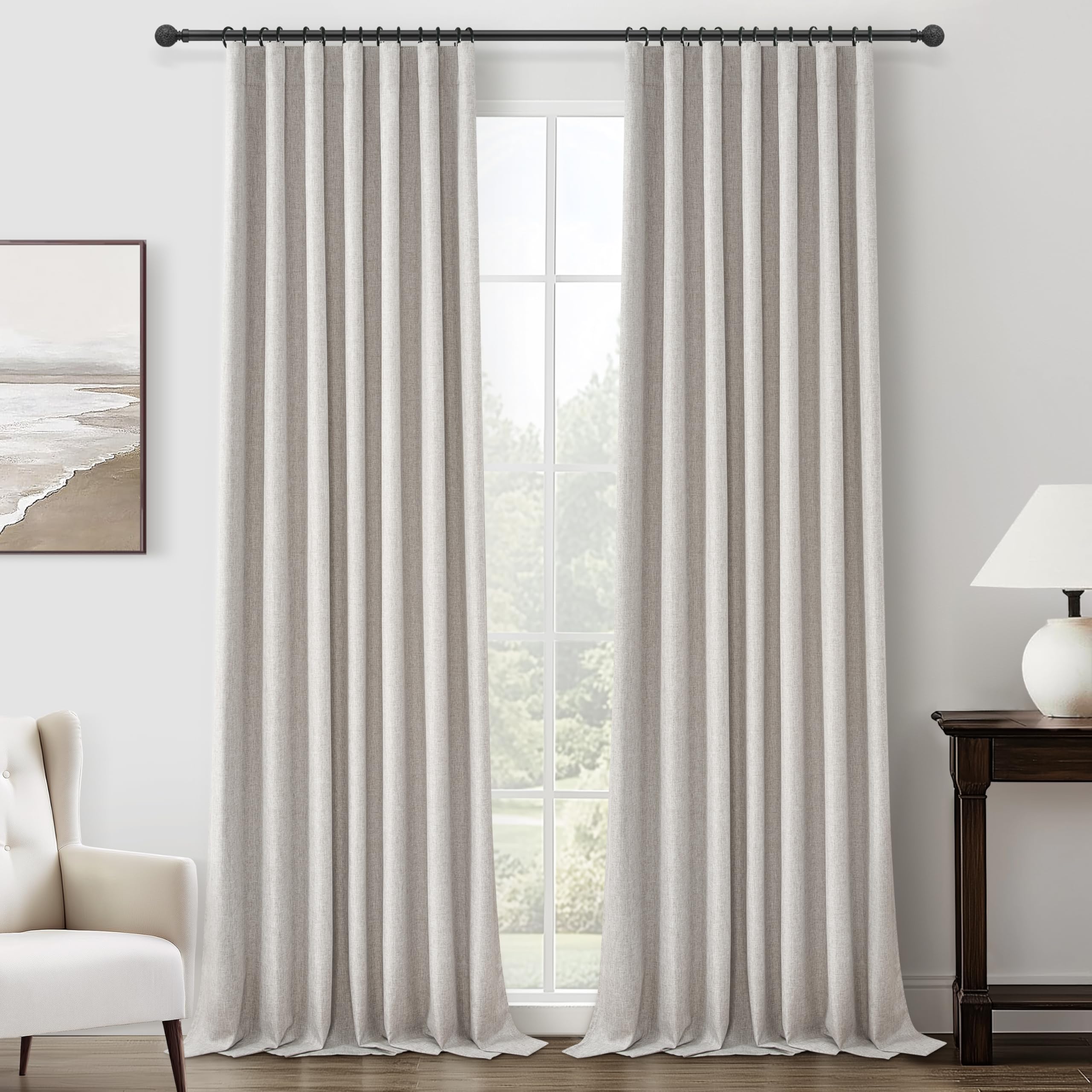 Light Brown Linen Floor to Ceiling Curtains for Living Room/Bedroom, Cute Pleated 96 Inches Long Kitchen 2 Panels Set, Farmhouse