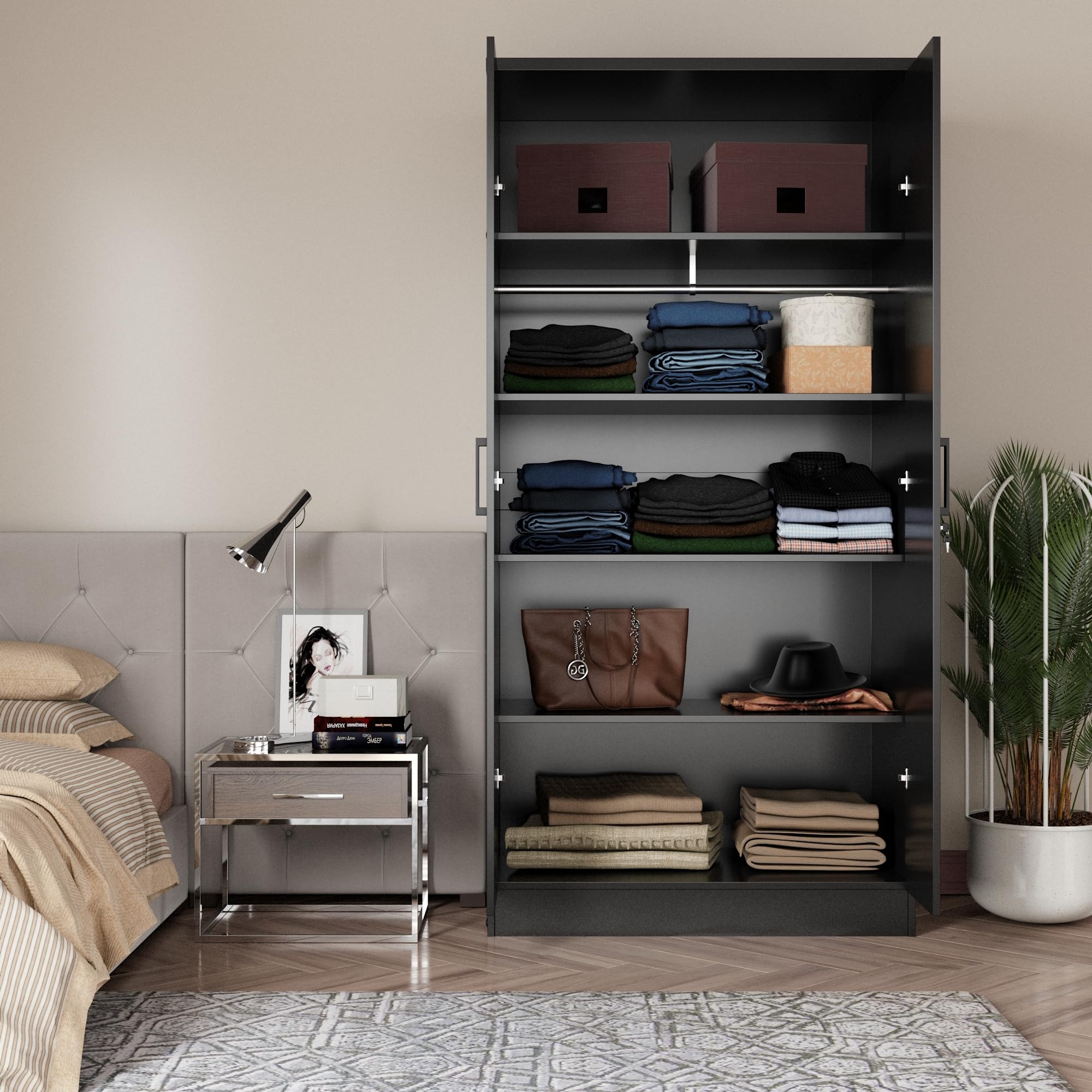 Woodpeckers Furniture And Mattress 2 Doors Wardrobe with Shelves (Black)