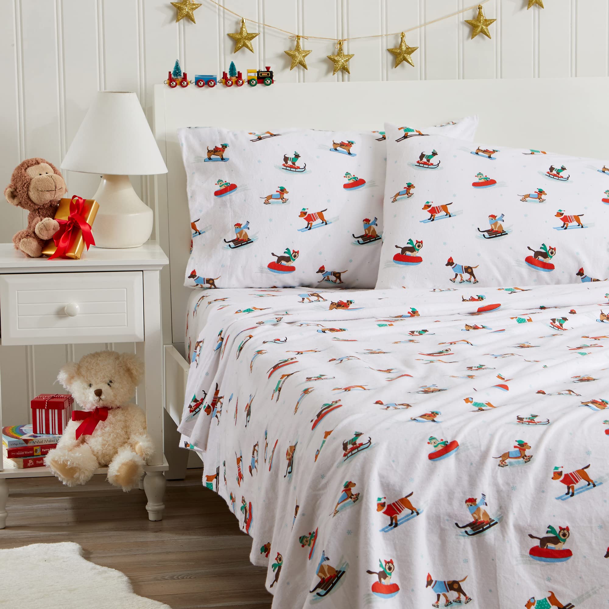 4 Piece 100% Turkish Cotton California King Christmas Flannel Sheet Set | Kids Holiday Printed Bedding Sheets & Pillowcases | Do