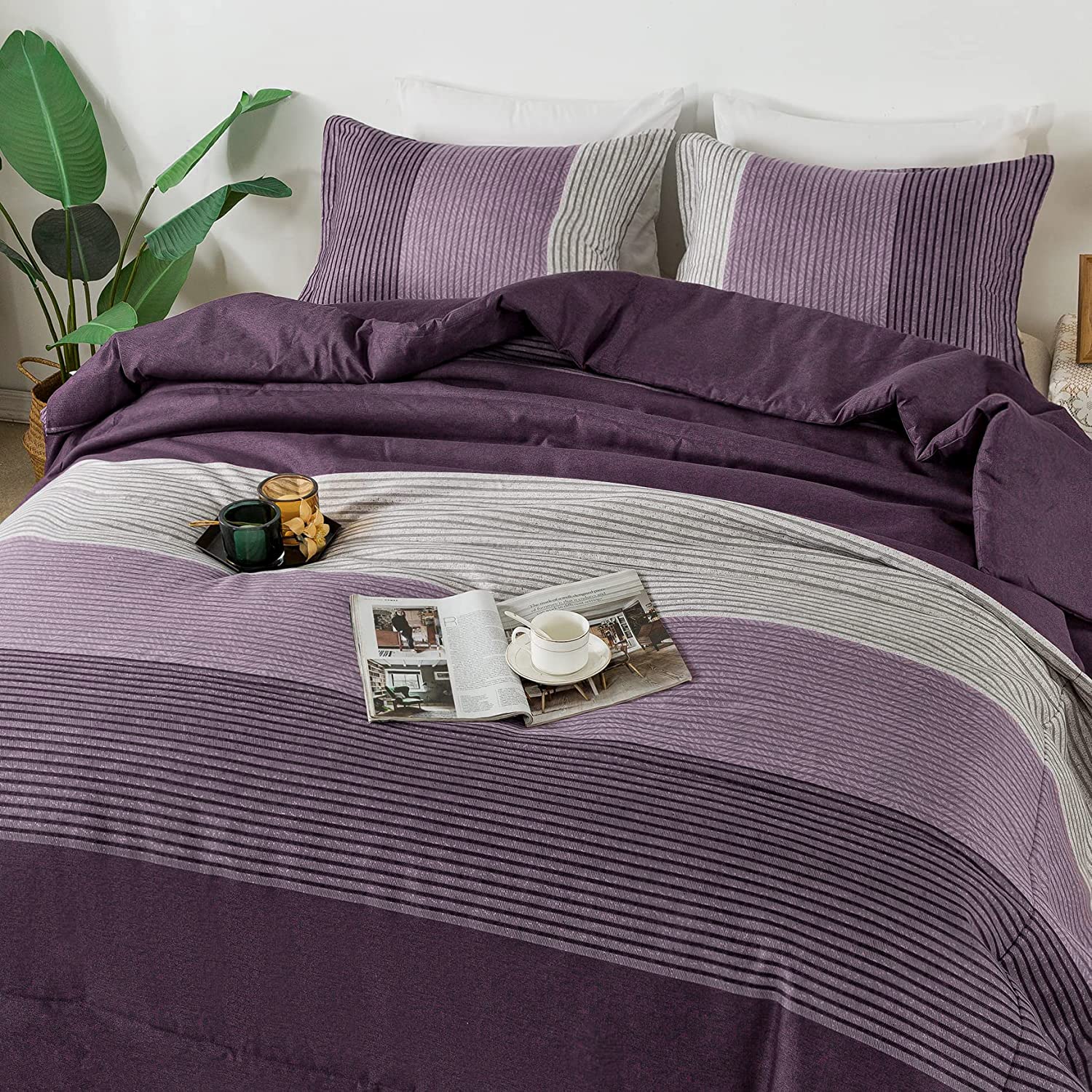 Litanika Purple Queen Comforter Set, 3 Pieces Striped Bedding Set, Lightweight Soft All Season Down Alternative Comforter Set (1