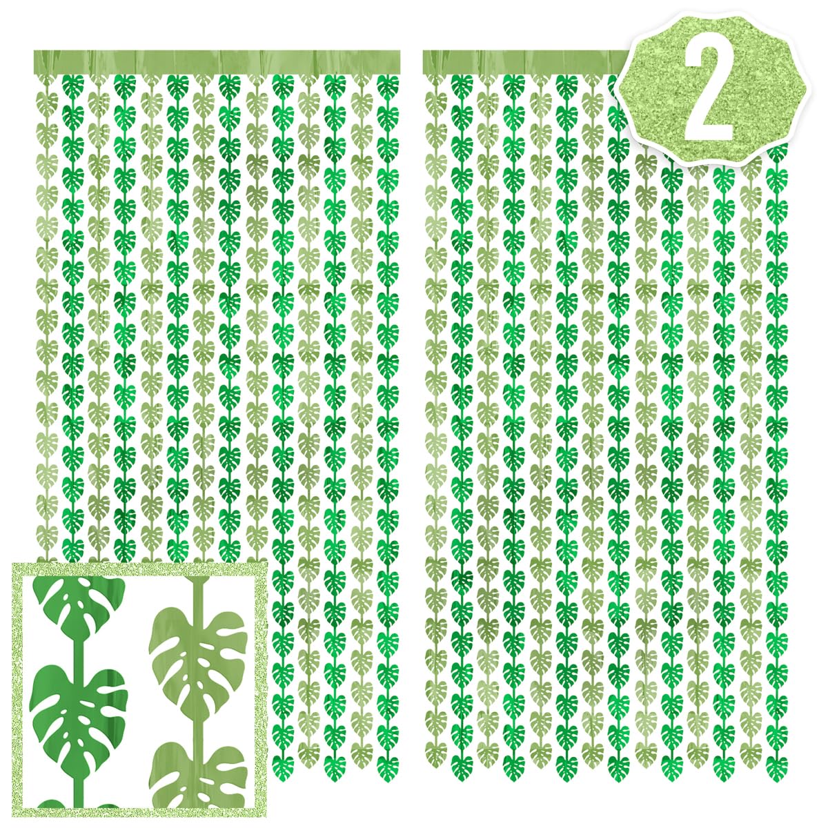 xo, Fetti Jungle Leaf Foil Curtain - Set of 2, 3x7 ft | Safari Theme Party Decorations, Zoo Animal Birthday Party Supplies, Baby