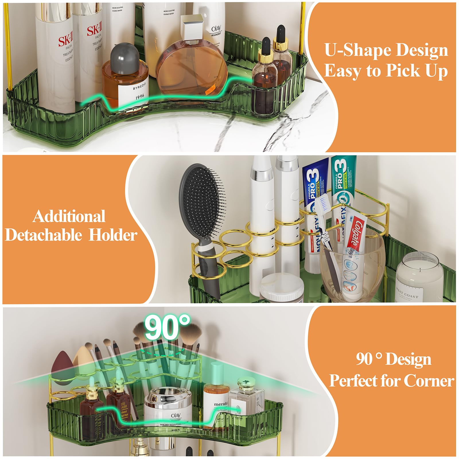 Sunzos Bathroom Counter Organizer, Corner Makeup Organizer With Makeup Brush Holder, Vanity Makeup Cosmetic Storage, Countertop