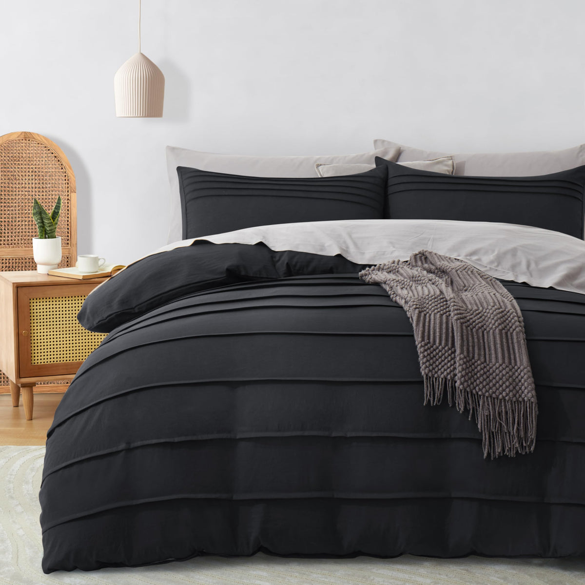 Oli Anderson Black Duvet Cover Queen Size - Pleated Queen Duvet Cover, 3Pcs Soft And Breathable Textured Bedding Set With Zipper
