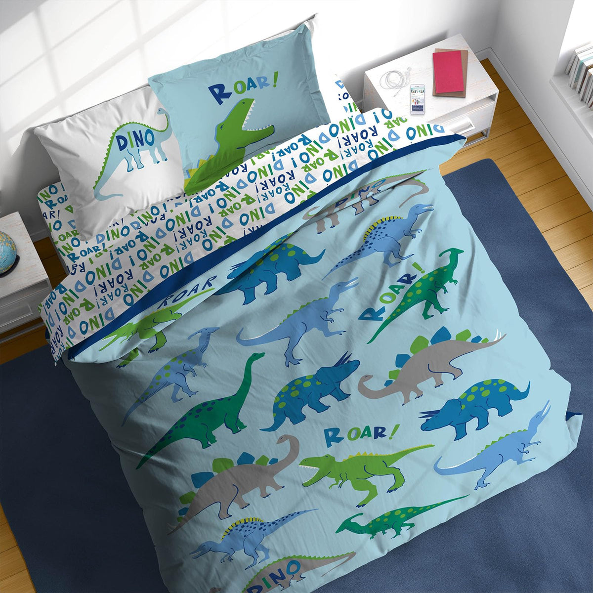 Sunny Side Up Dino Roar Full Comforter Set - 7 Piece Kids Bedding Includes Comforter, Sheets & Pillow Cover - Super Soft Dinosau