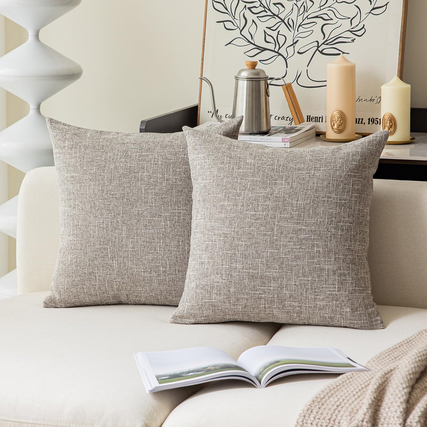 Kevin Textile Pillow Cover Faux Linen Toss Soft Throw Cushion Case for Couch, Invisible Zipper, 18x18 inches (Set of 2, Sesame G