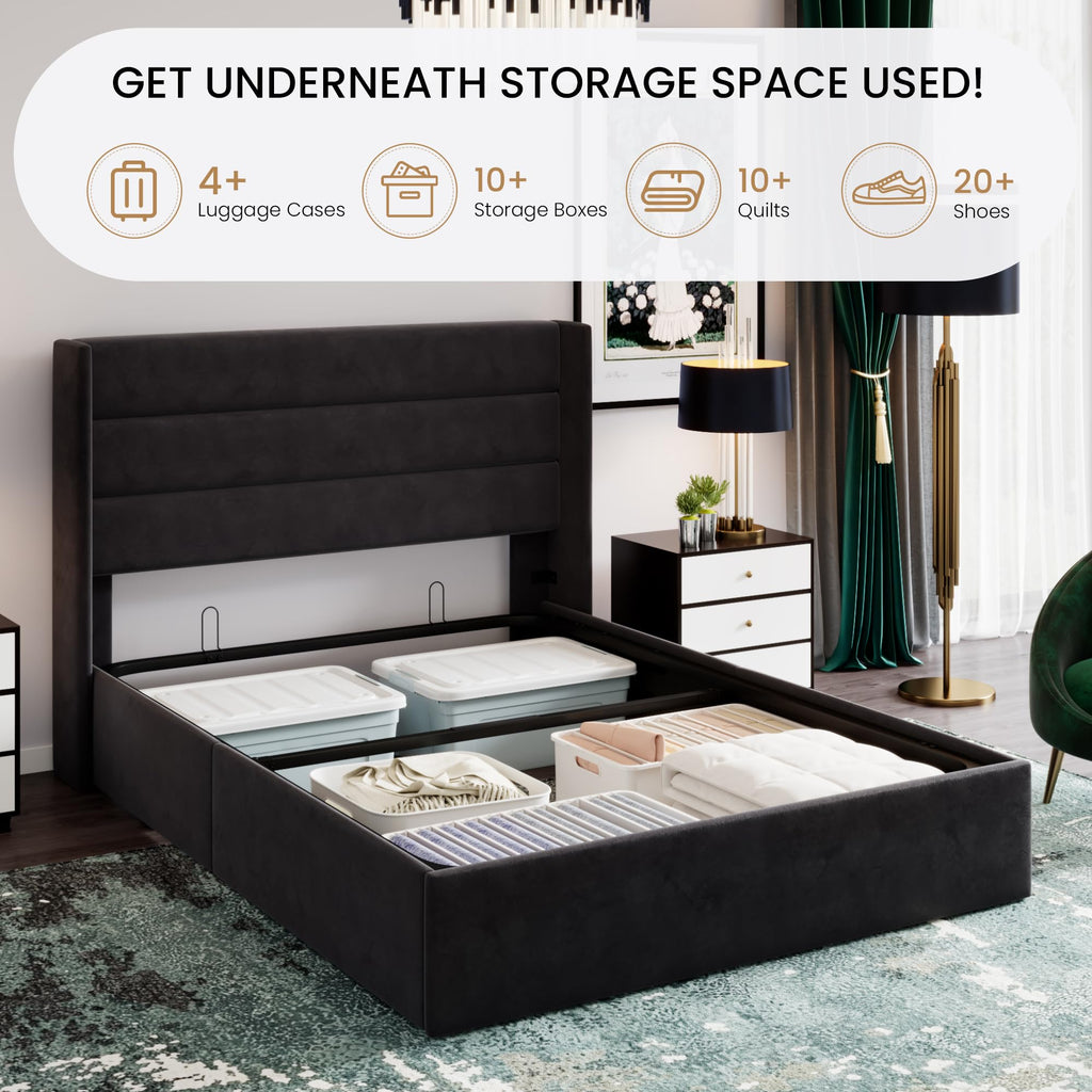 Sha Cerlin Queen Size Lift Up Storage Bed/Velvet Upholstered/Modern Wingback Headboard/Upholstered Platform Bed Frame/Hydraulic Storage/No Box Spring Needed/Black
