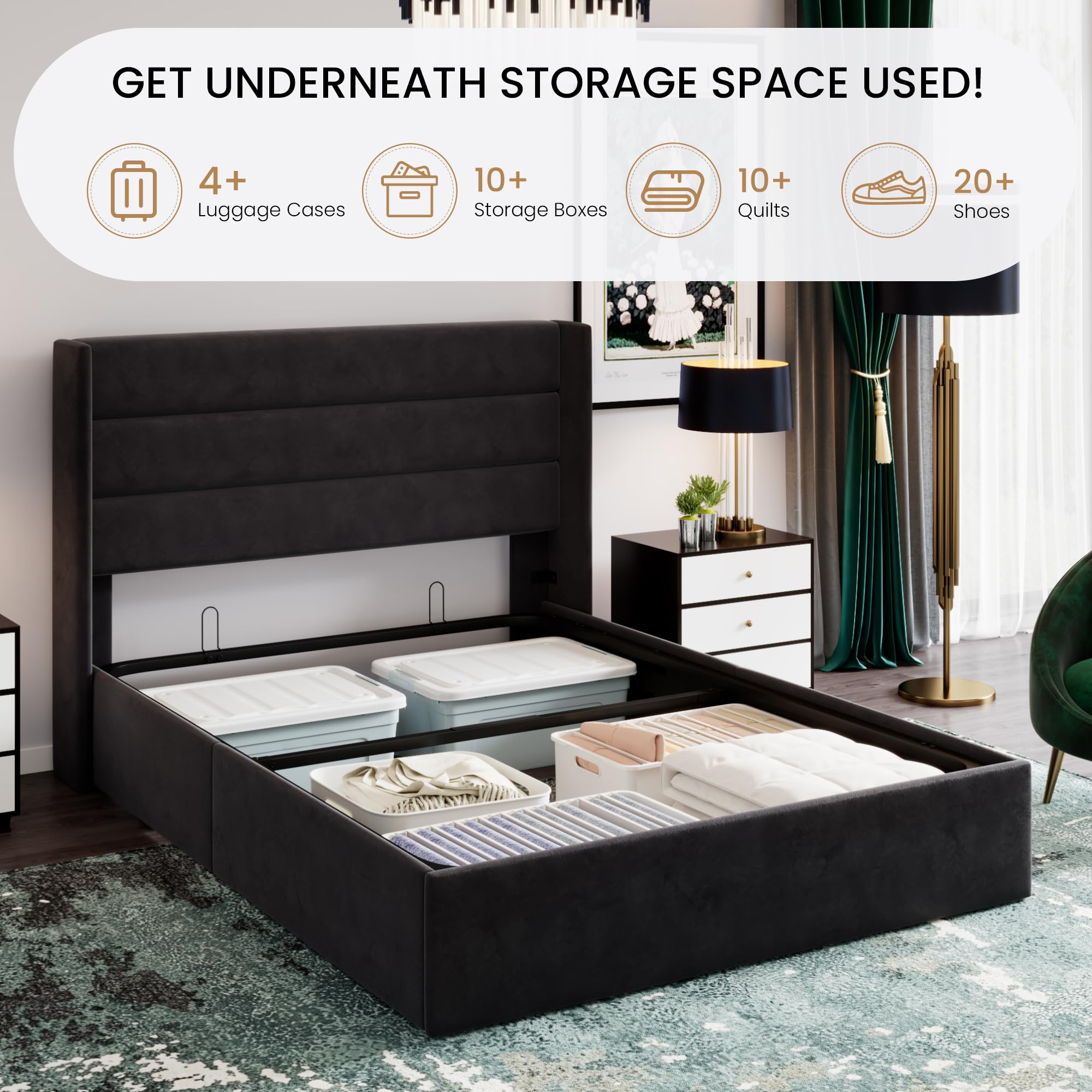Sha Cerlin Full Size Lift Up Storage Bed/Velvet Upholstered/Modern Wingback Headboard/Upholstered Platform Bed Frame/Hydraulic Storage/No Box Spring Needed/Black