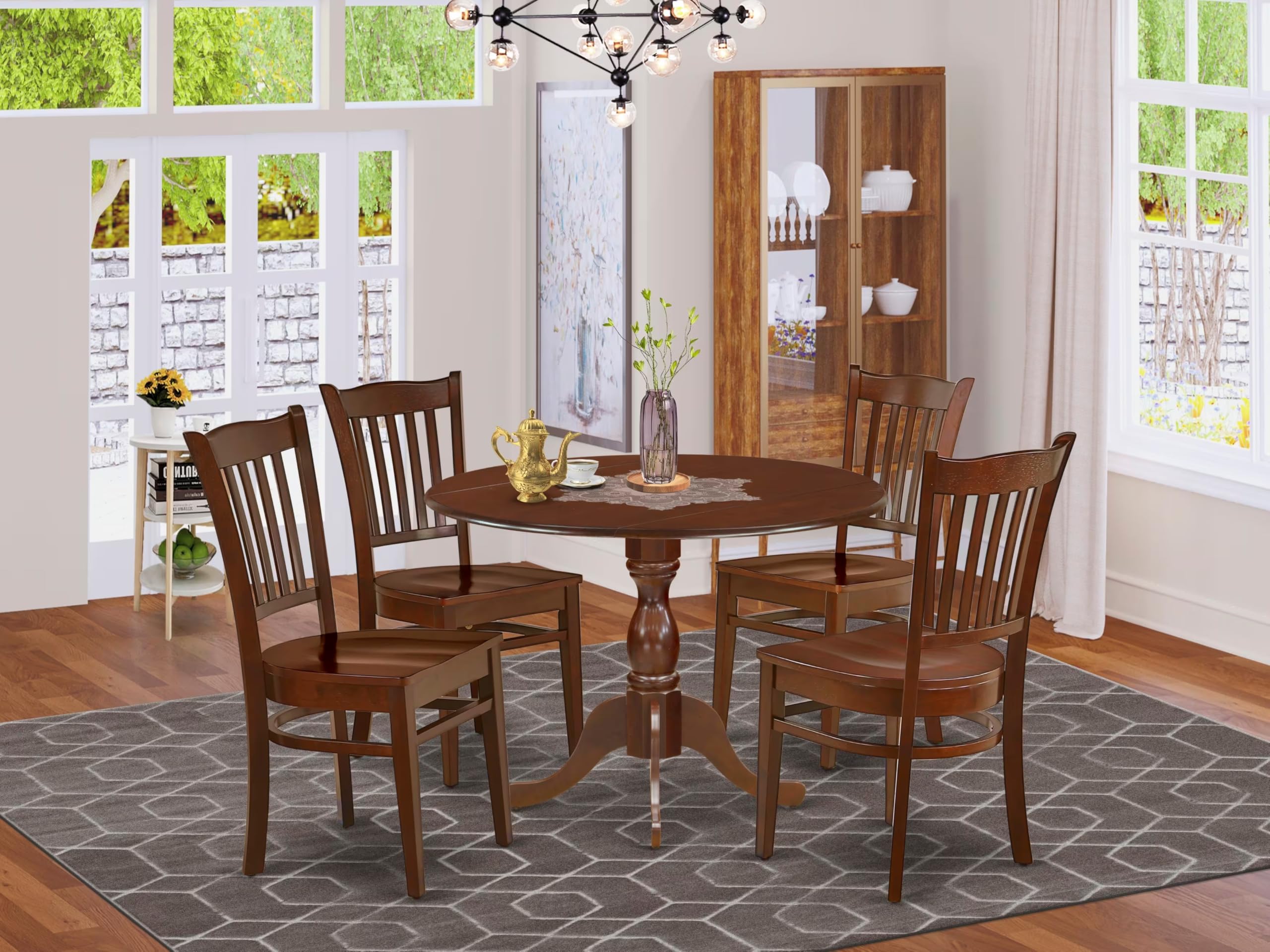 East West Furniture DMGR5-MAH-W 5 Piece Dining Room Table Set Includes a Round Kitchen Table with Dropleaf and 4 Dining Chairs, 42x42 Inch, Mahogany