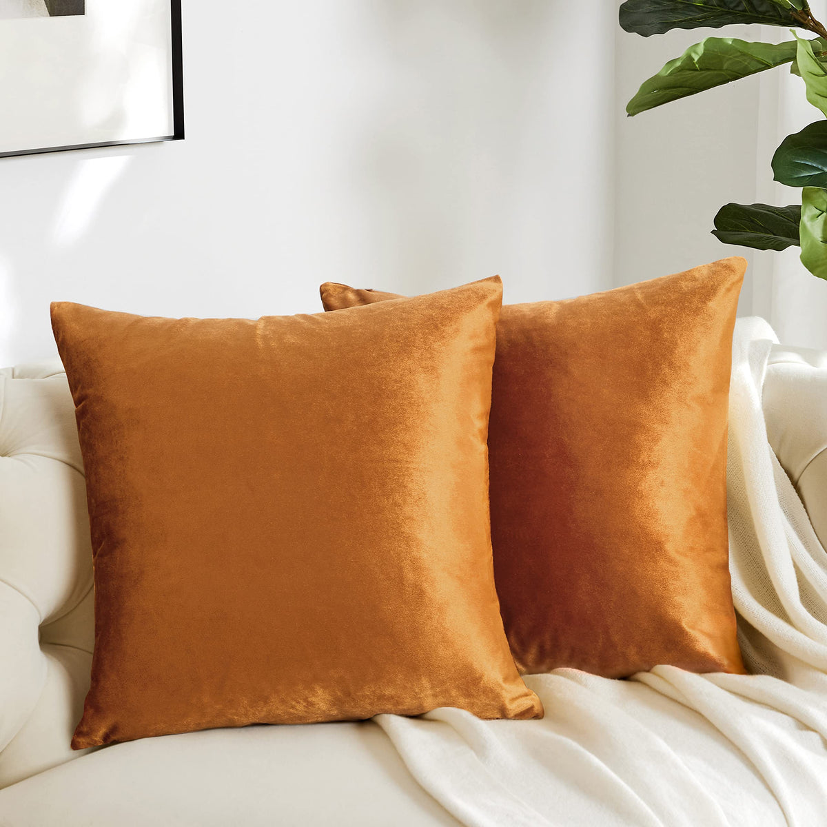 Gigizaza Decorative Throw Pillow Covers 16X16,Set Of 2 Burnt Orange Square Couch Pillow Covers,Velvet Sofa Boho Cushion Pillows