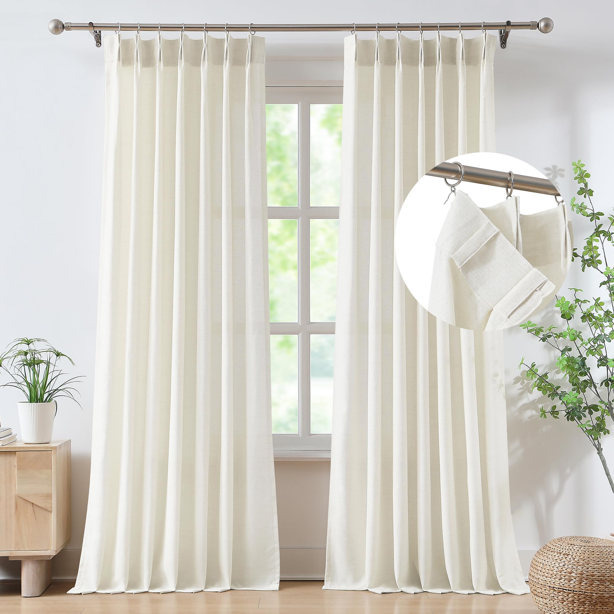 Fmfunctex Linen Pinch Pleated Curtains 84 Inches Long For Living Room, Ivory Semi Sheer Pleat Drapes For Bedroom With Hooks, Lig