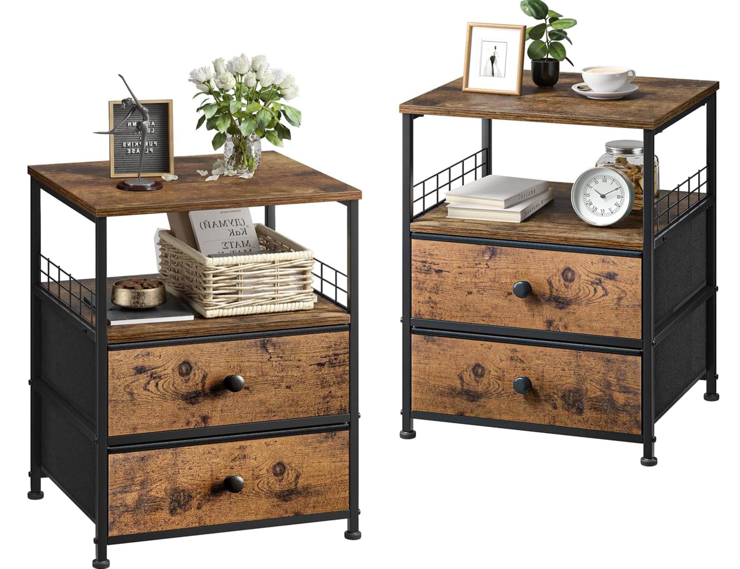 Enhomee Nightstand Set Of 2, Bedside Table With Fabric Drawers And Open Wood Shelf Storage, Industrial Bed Side Table, Night Stand For Bedroom, Living Room, Dorm, Easy Assembly And Pull, Rustic Brown