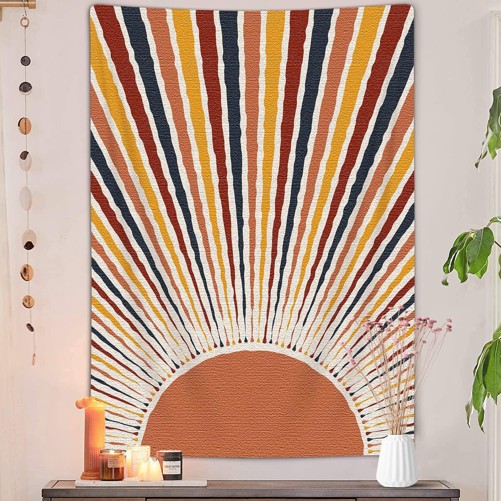 JAWO Bohemian Sun Vertical Tapestry, Vintage Abstract Rainbow Aesthetic Tapestry Wall Hanging for Bedroom, Red Retro 70s Mid Cen