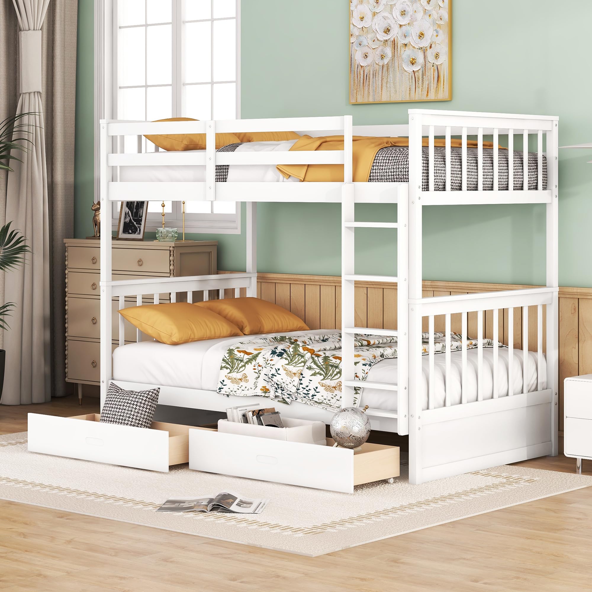 Merax Wood Bunk Bed With Drawers,Convertible Wood Bunk Bed With Ladders And Two Storage Drawers,Solid Wood Detachable Bunk Bed Frame With Ladders,Twin Over Twin Size,White