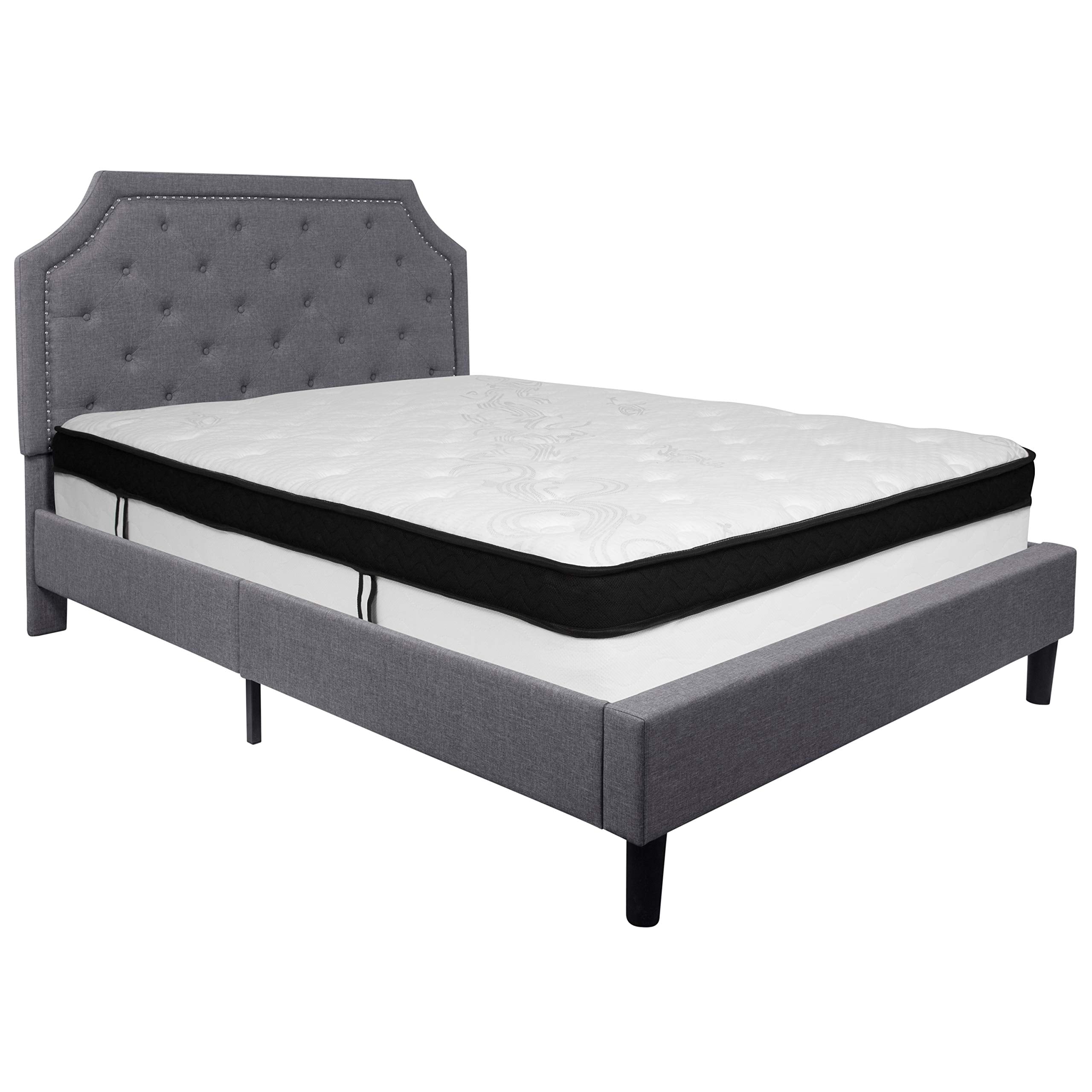 Flash Furniture Brighton Queen Size Tufted Upholstered Platform Bed In Light Gray Fabric With Memory Foam Mattress