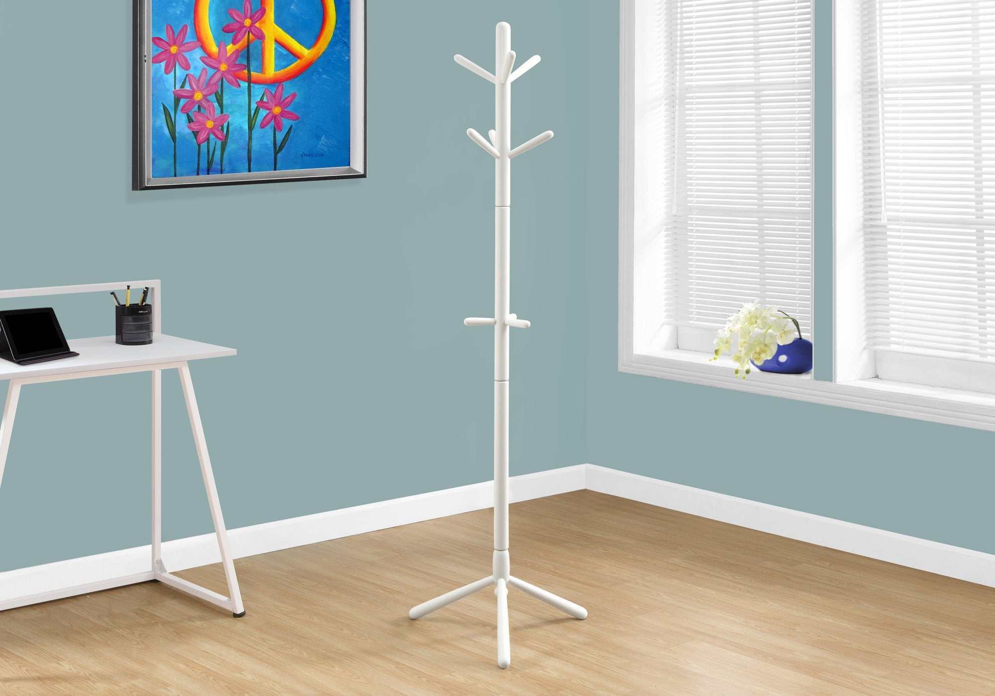 COAT RACK - 69"H / WHITE WOOD CONTEMPORARY STYLE