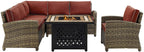 Crosley Furniture Bradenton 5-Piece Wicker Outdoor Sectional Sofa Patio Furniture Set with Fire Pit Table, Brown with Sangria Cushions
