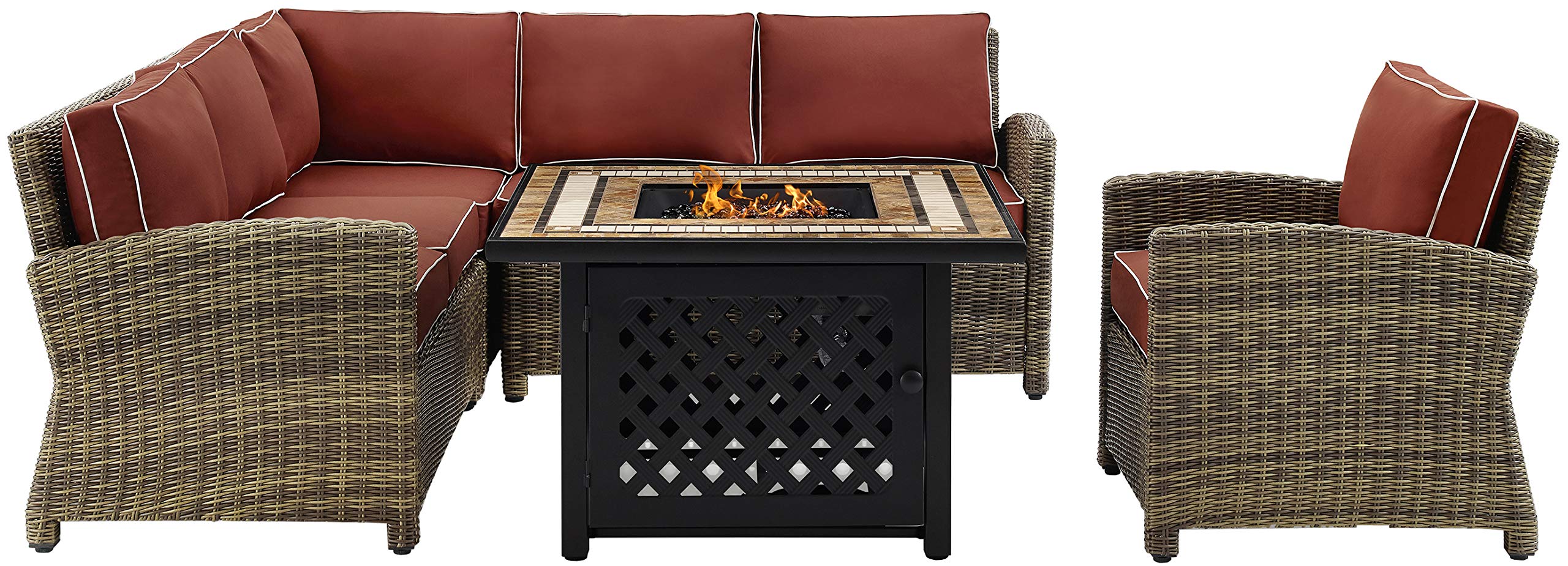Crosley Furniture Bradenton 5-Piece Wicker Outdoor Sectional Sofa Patio Furniture Set with Fire Pit Table, Brown with Sangria Cushions