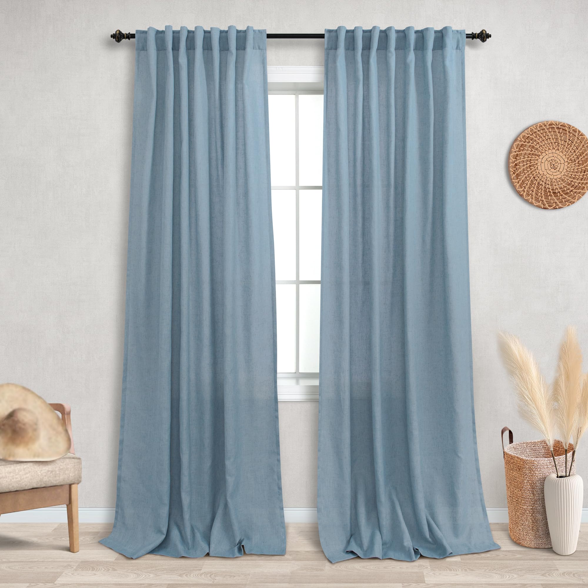 KOUFALL Light Blue Curtains 84 Inch Length for Bedroom 2 Panels Linen Semi Sheer Light Filtering Back Tab Rod Pocket Country Gre