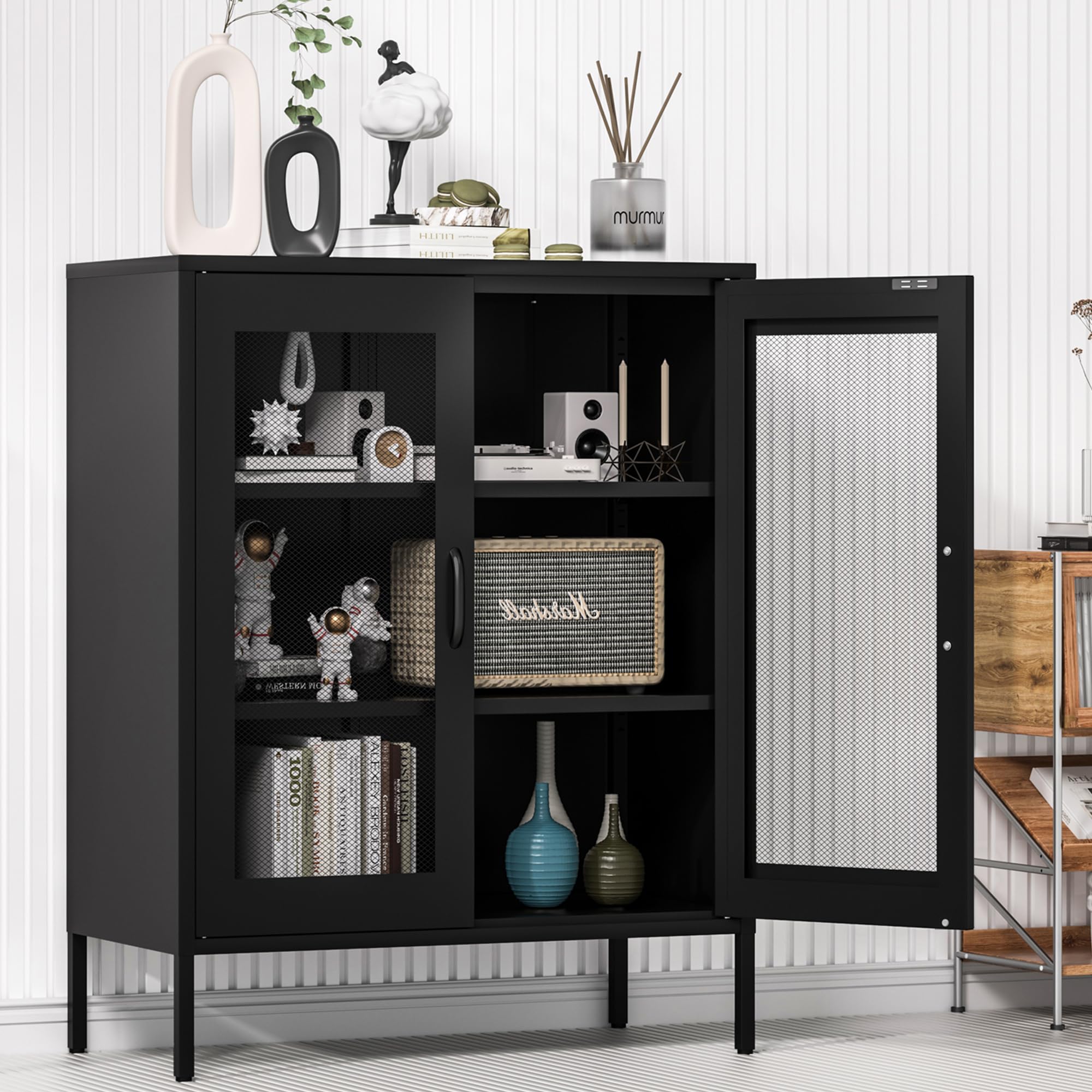 Ustamio Black Metal Storage Cabinet with Mesh Doors, Small Office Storage Locker with 2 Adjustable Shelves, Accent Metal Locker 