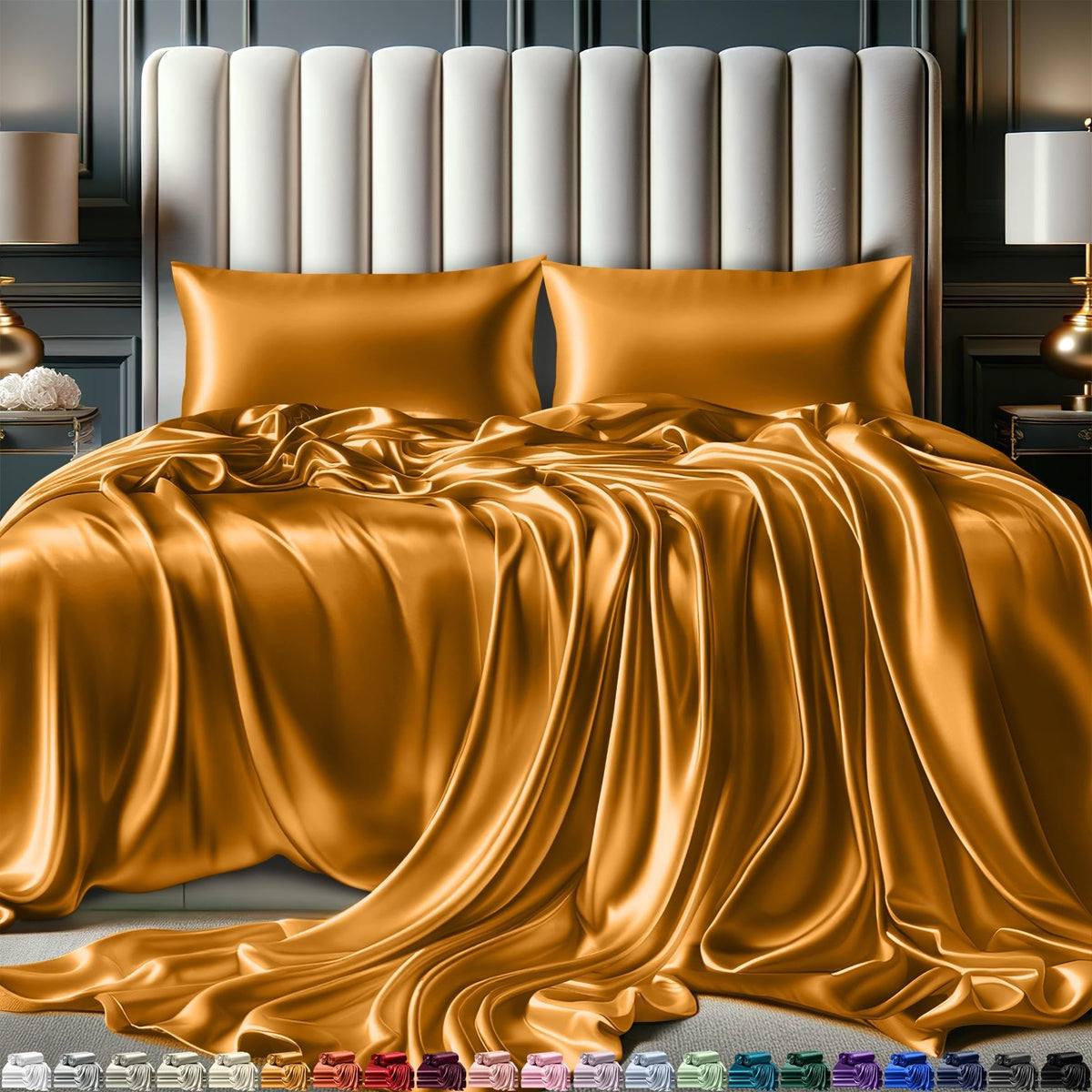 Decolure Satin Sheets King Size Set 4 Pcs - Silky & Luxuriously Soft Satin Bed Sheets W/ 15 Inch Deep Pocket - Similar To Silk S