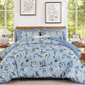 Dinjoy Comforter Set King Size Floral, 7 Piece Blue Bedding with Sheet Elegant Bed in a Bag with Botanical Flowers Lightweight F
