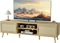 SUPERJARE Boho TV Stand for 75 Inch TV, Entertainment Center with Adjustable Shelf, Rattan TV Console with 2 Cabinets, Media Con
