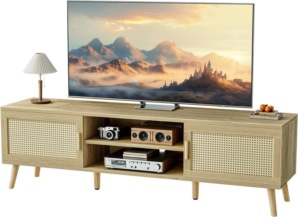 SUPERJARE Boho TV Stand for 75 Inch TV, Entertainment Center with Adjustable Shelf, Rattan TV Console with 2 Cabinets, Media Con
