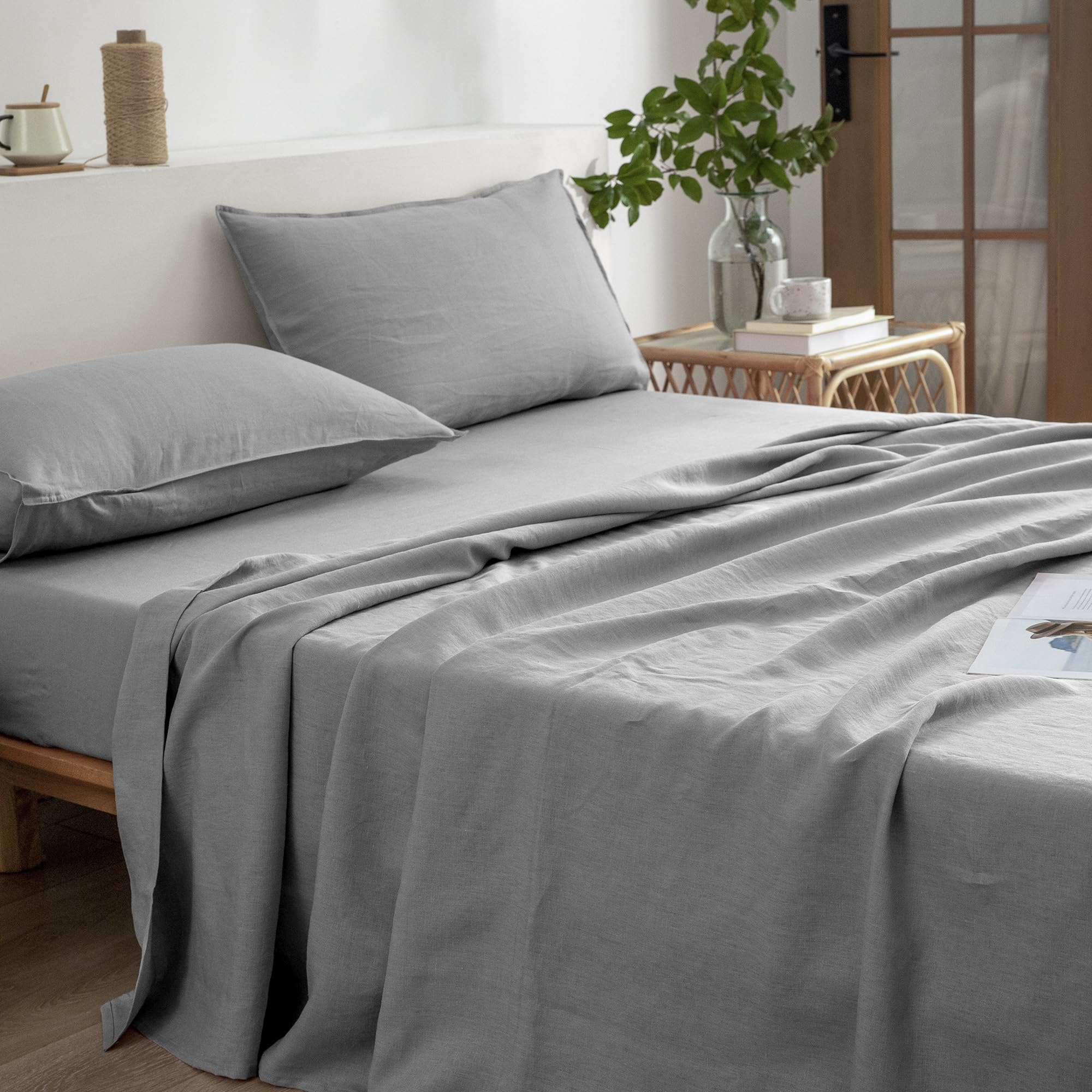 Everly Linen Sheets California King Size 100% French Stonewash Pure Linen Bed Sheets 4Pieces (1Flat Sheet,1Fitted Sheet,2Pillowc