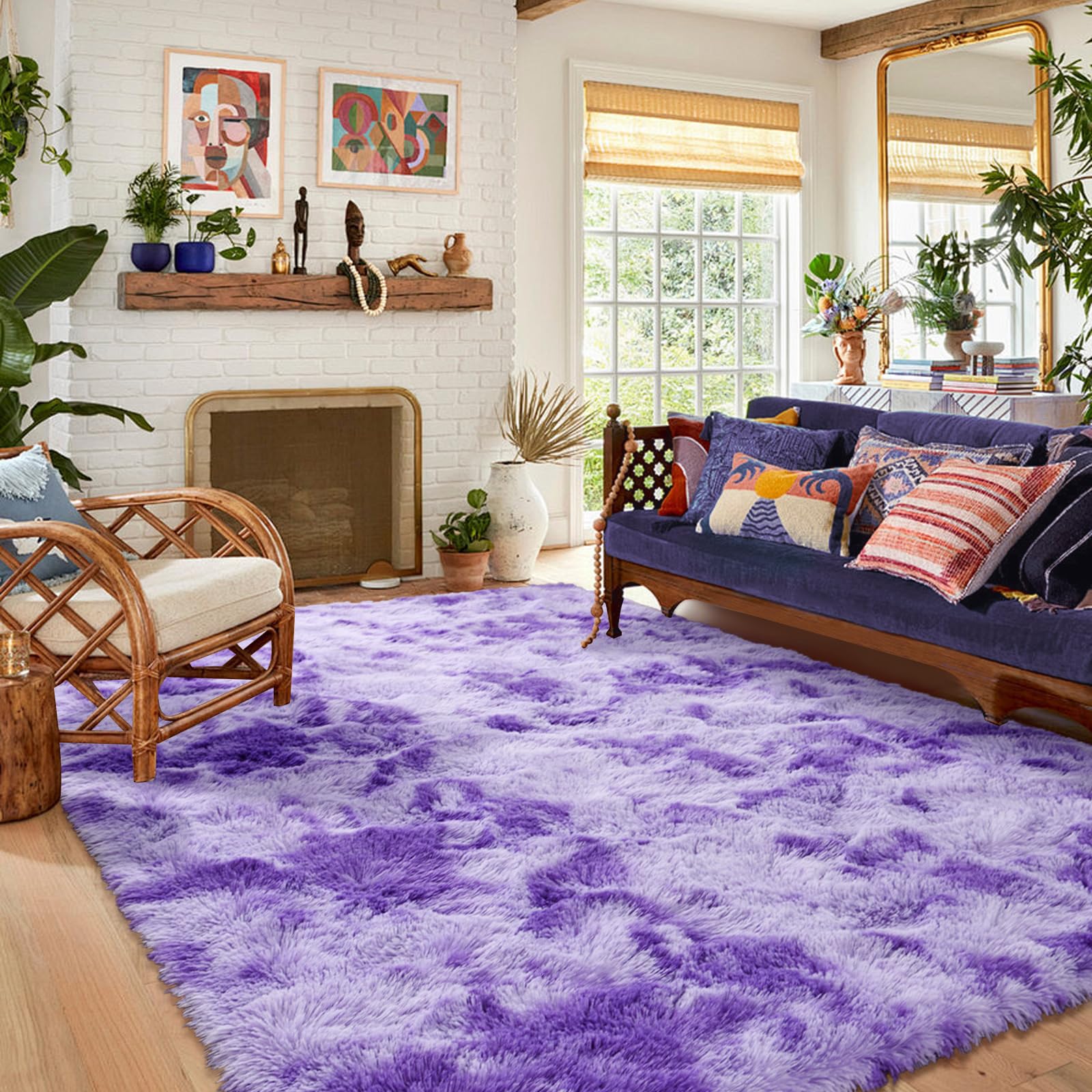 Fuzzy Purple White Rugs for Bedroom Fluffy 4x6 ft Living Room Rug Non-Slip Area Rugs Shag Carpet for Nursery Kids PlayRoom Dorm 
