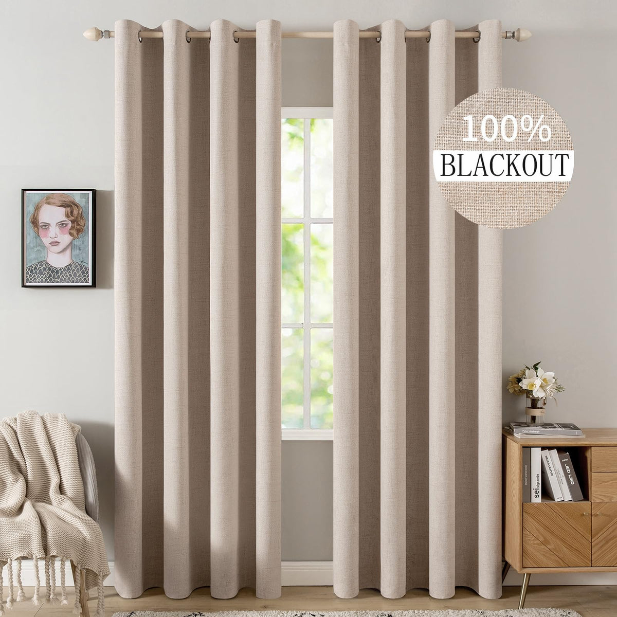 Miulee 90 Inches Linen Textured Curtains For Bedroom 100% Blackout Thermal Insulated Natural Beige Grommet Room Darkening Curtai