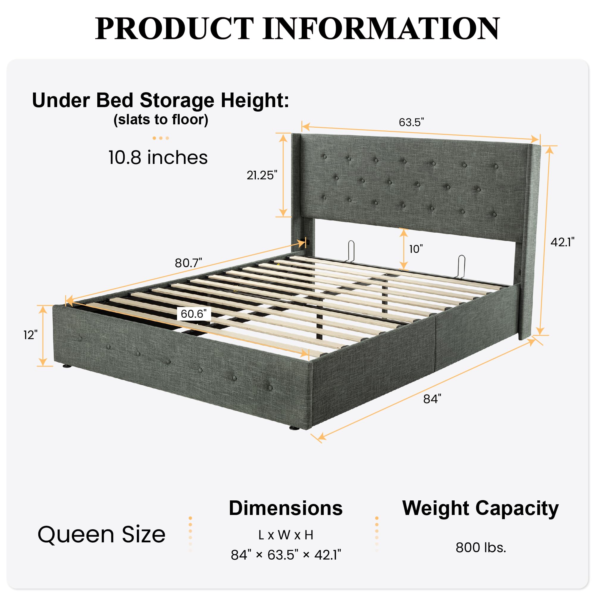 Sha Cerlin Queen Size Lift Up Storage Bed/Button Tufted Wingback Headboard/Hydraulic Storage/Upholstered Platform Bed Frame/No Box Spring Needed/Wood Slats Support/Dark Grey
