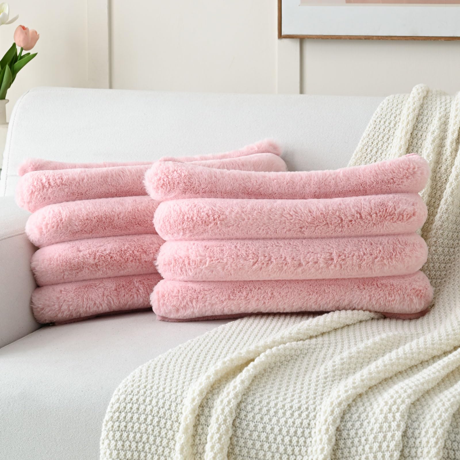 Futei Pink Decorative Throw Pillow Covers 12X20 Inch Set Of 2, Square Soft Faux Rabbit Fur Big Striped Cushion Cover,Home Decor