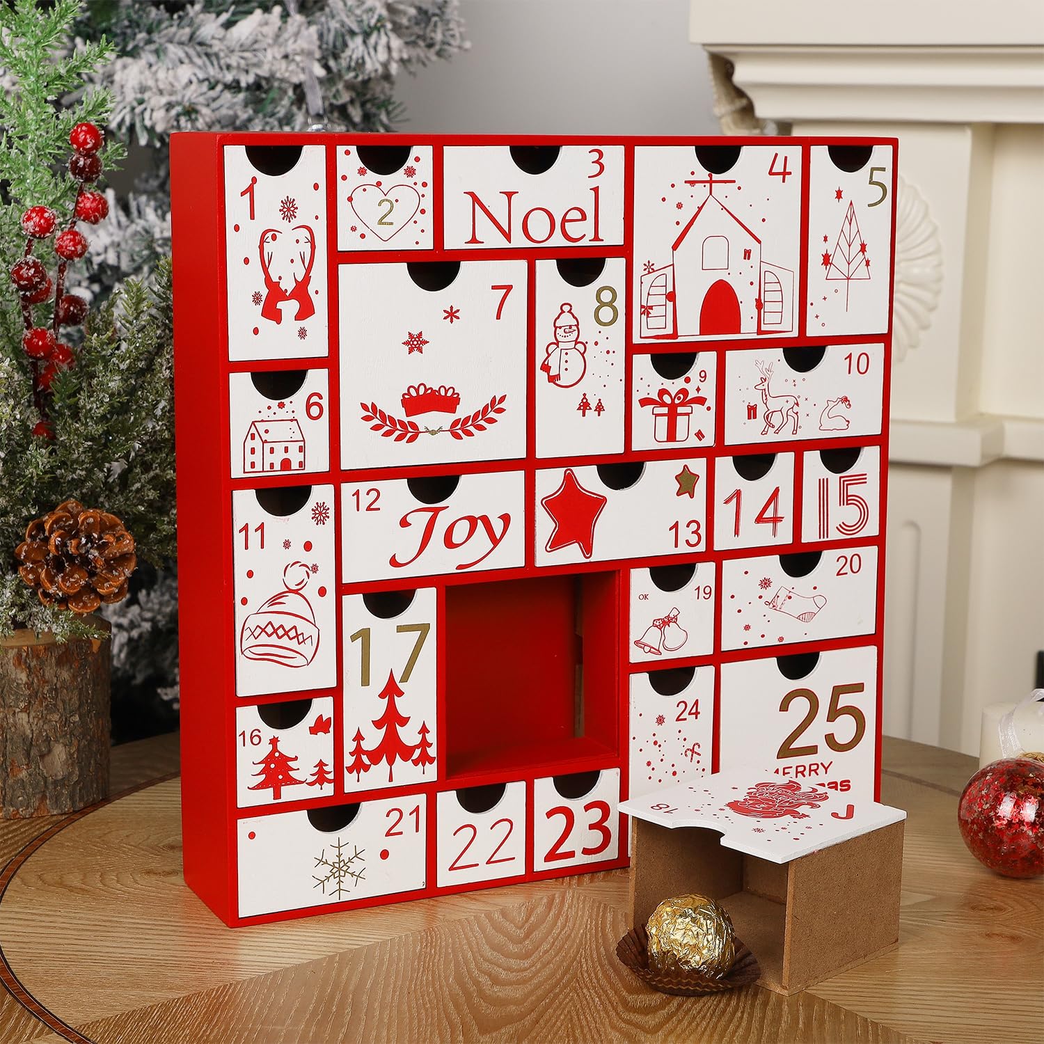 Juegoal Red Advent Calendar, 11.8 Inch Christmas Wooden Advent Calendar With 25 Large Drawers, Christmas Countdown Calendar 2024